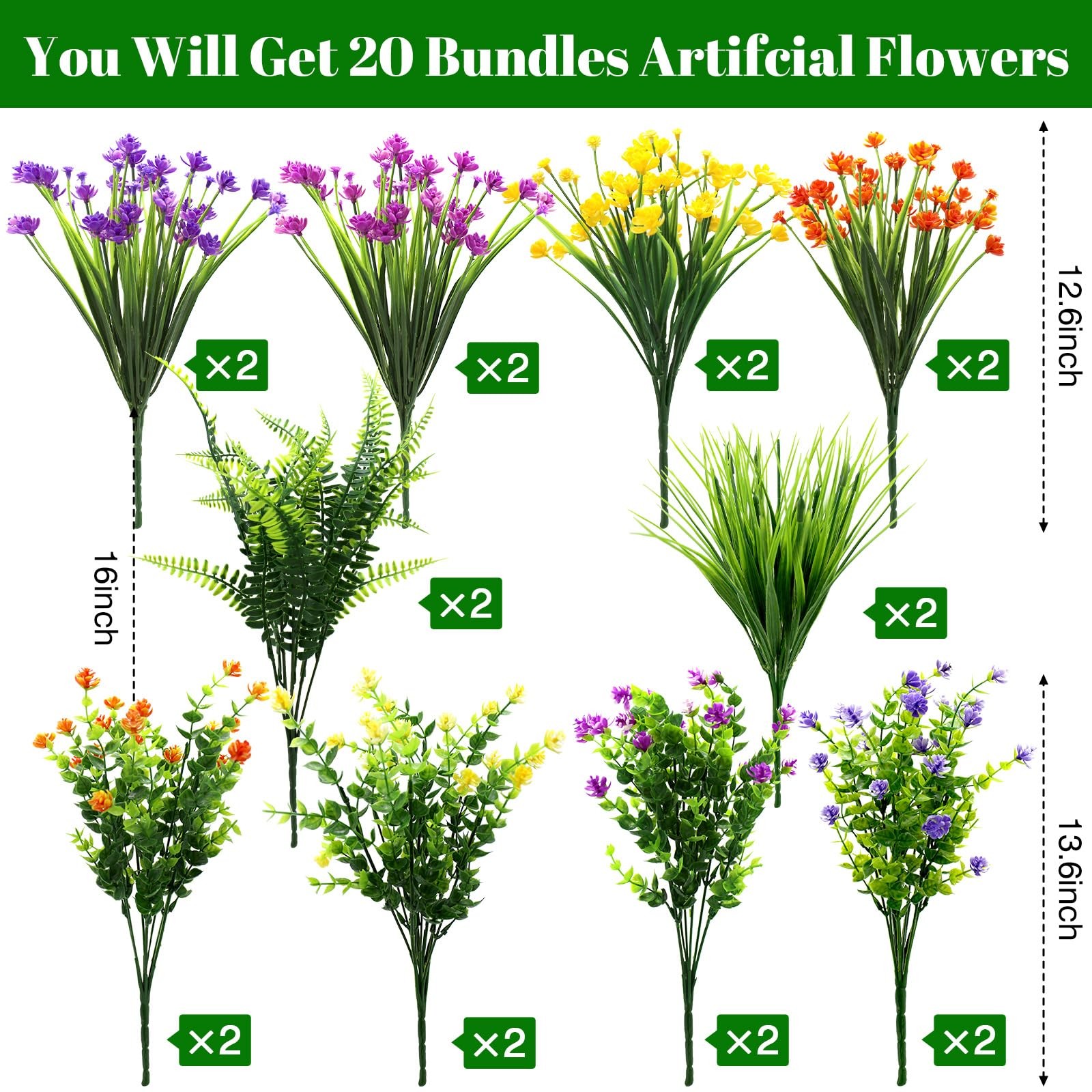 20 Bundles Artificial Flowers for Outdoors UV Resistant Fake Flowers Realistic F