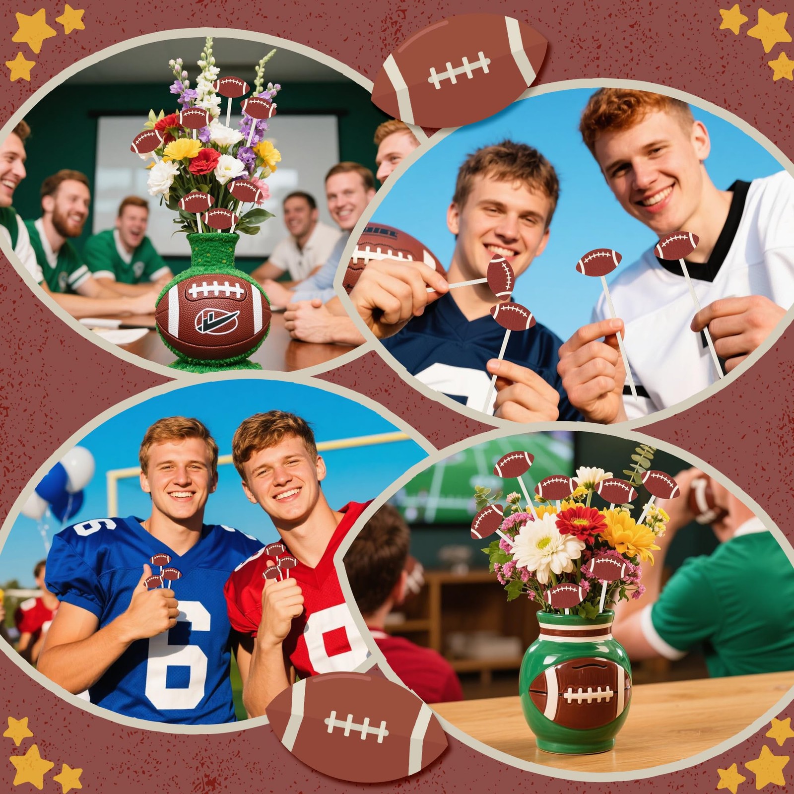 Football Floral Wooden Picks 14 PCS Double-Sided Flower Decorative Vase Sport