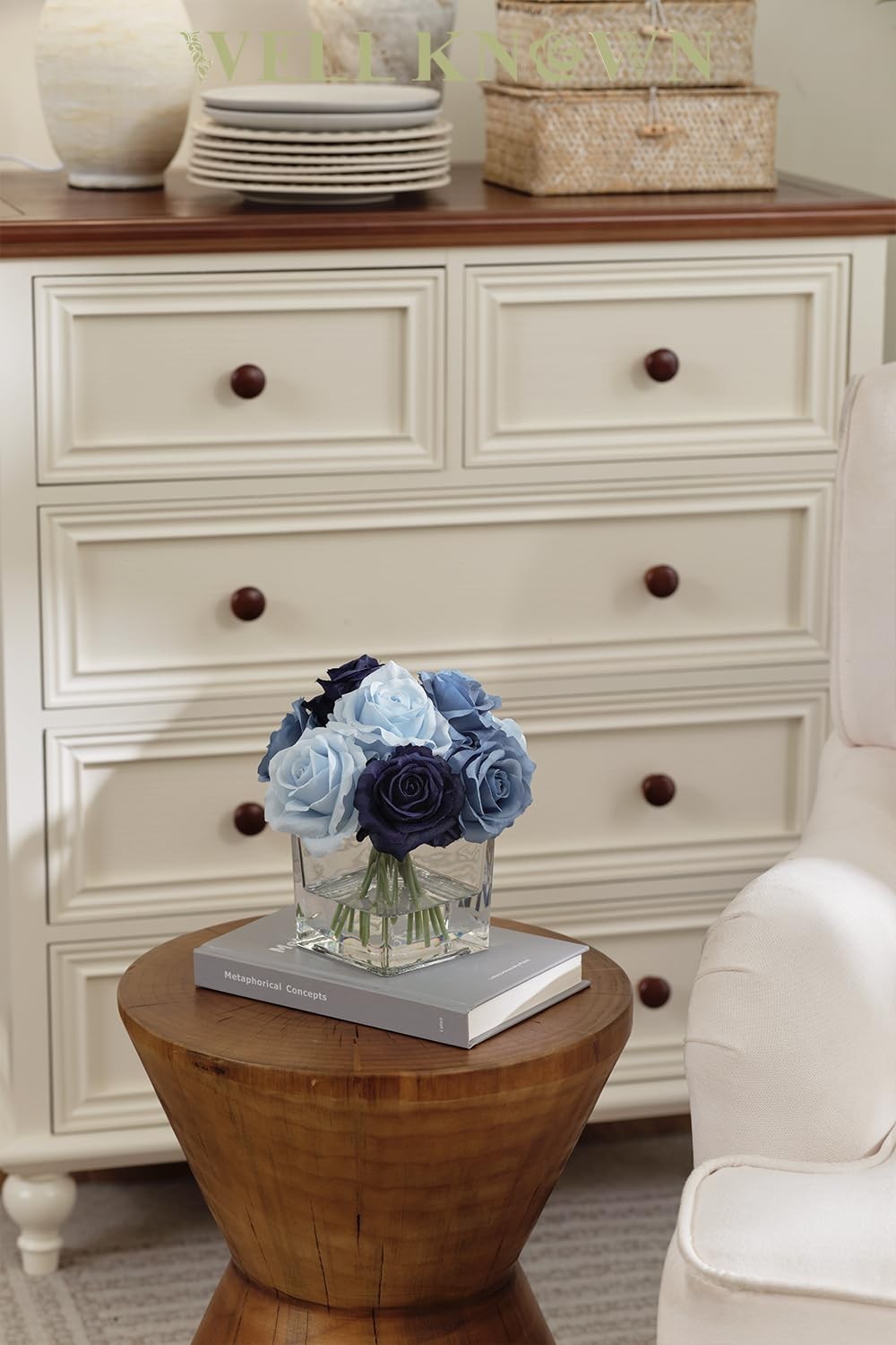 Blue Artificial Silk Rose Flowers In Vase Faux Water Table Centerpiece Decor