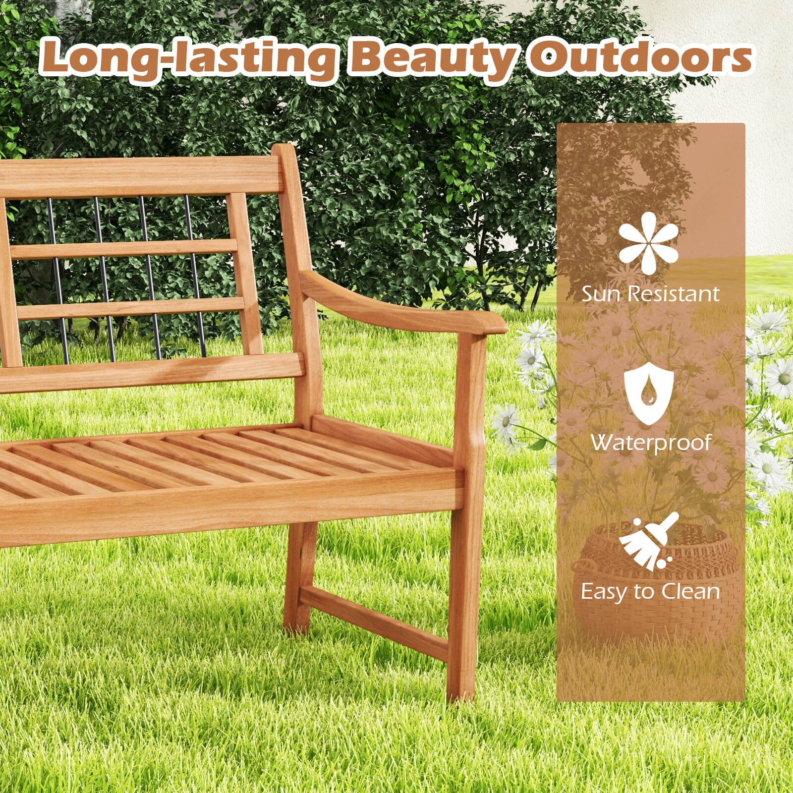 2-Person Patio Bench Outdoor Acacia Wood Bench w/ Slatted Seat & Backrest