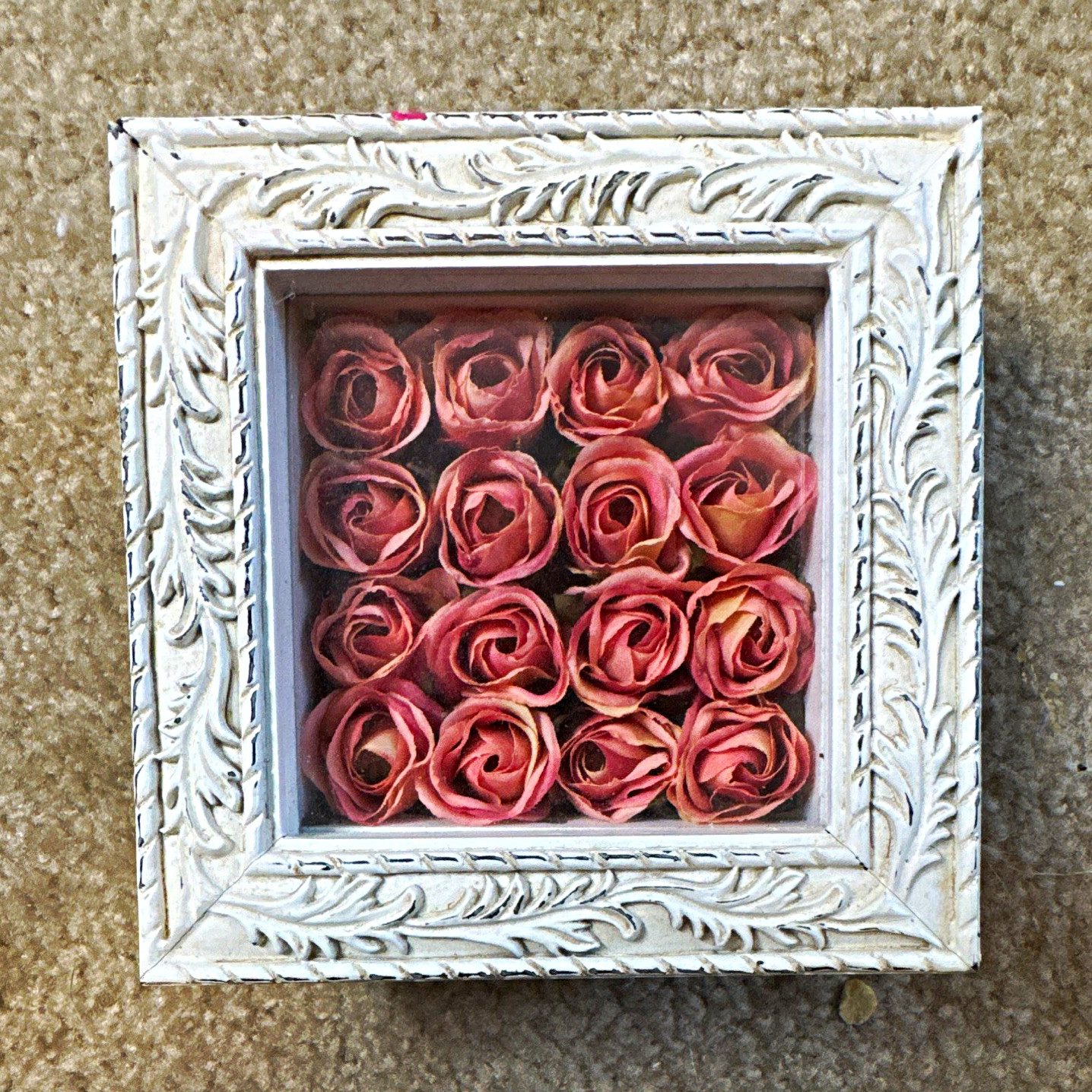 Pink Rose Floral Shadow Box Wall Decor, White Frame, Artificial Wood
