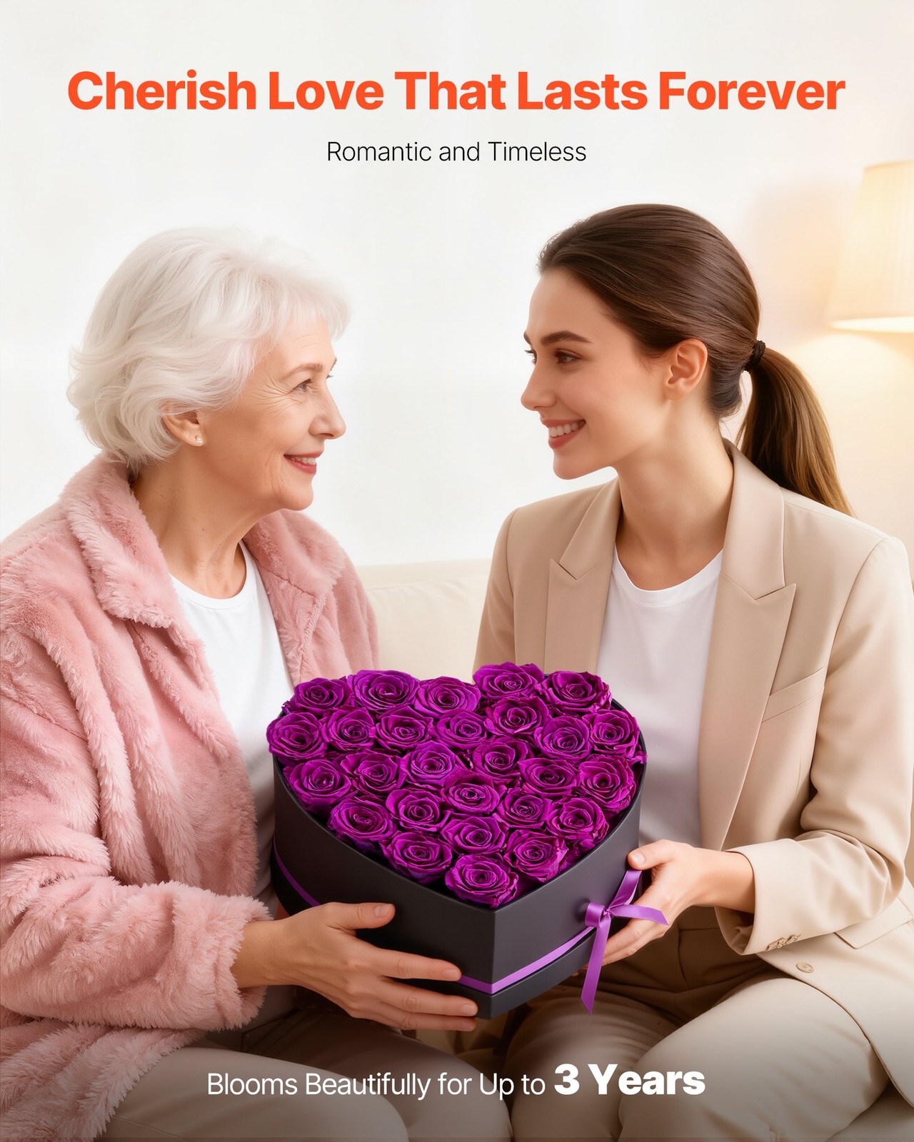 27 Preserved Purple Roses in Heart Box – Eternal Flowers Gift for Her