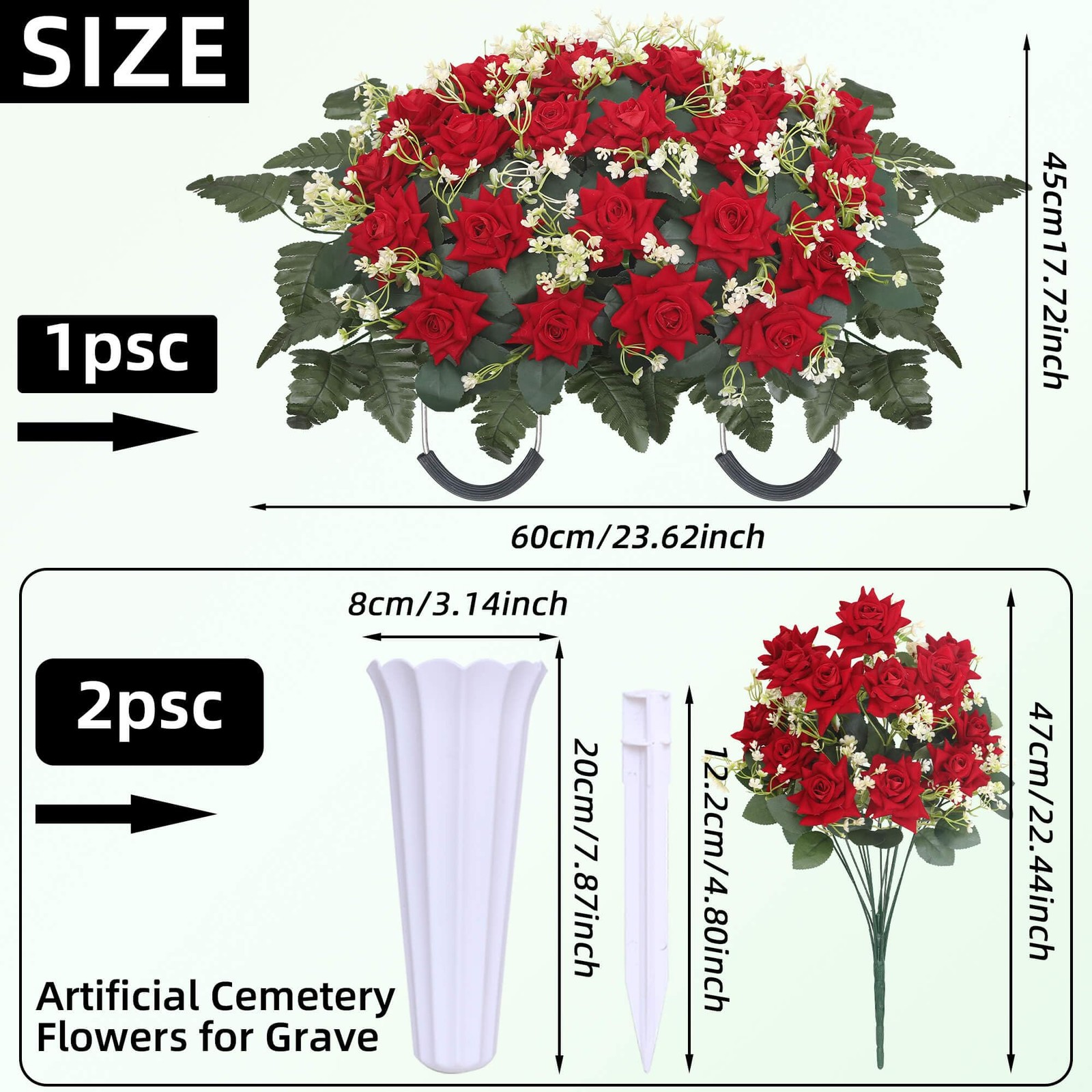 3 Piece Memorial Flowers Set for Cemetery – Large Headstone Flower Saddle + 2…