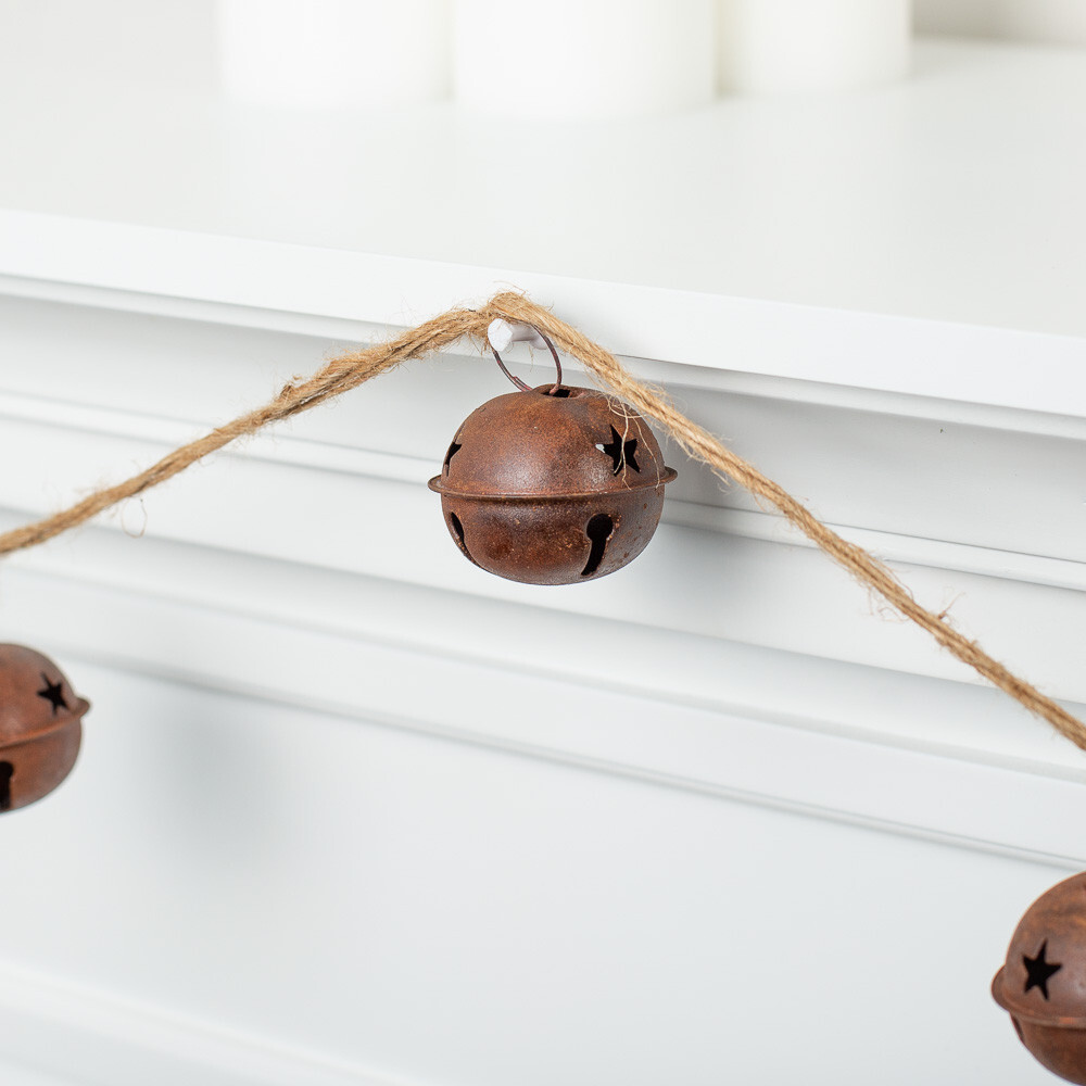 16 feet of Jute Rope Garland with Rusty Tin 2″ Sleigh Bells