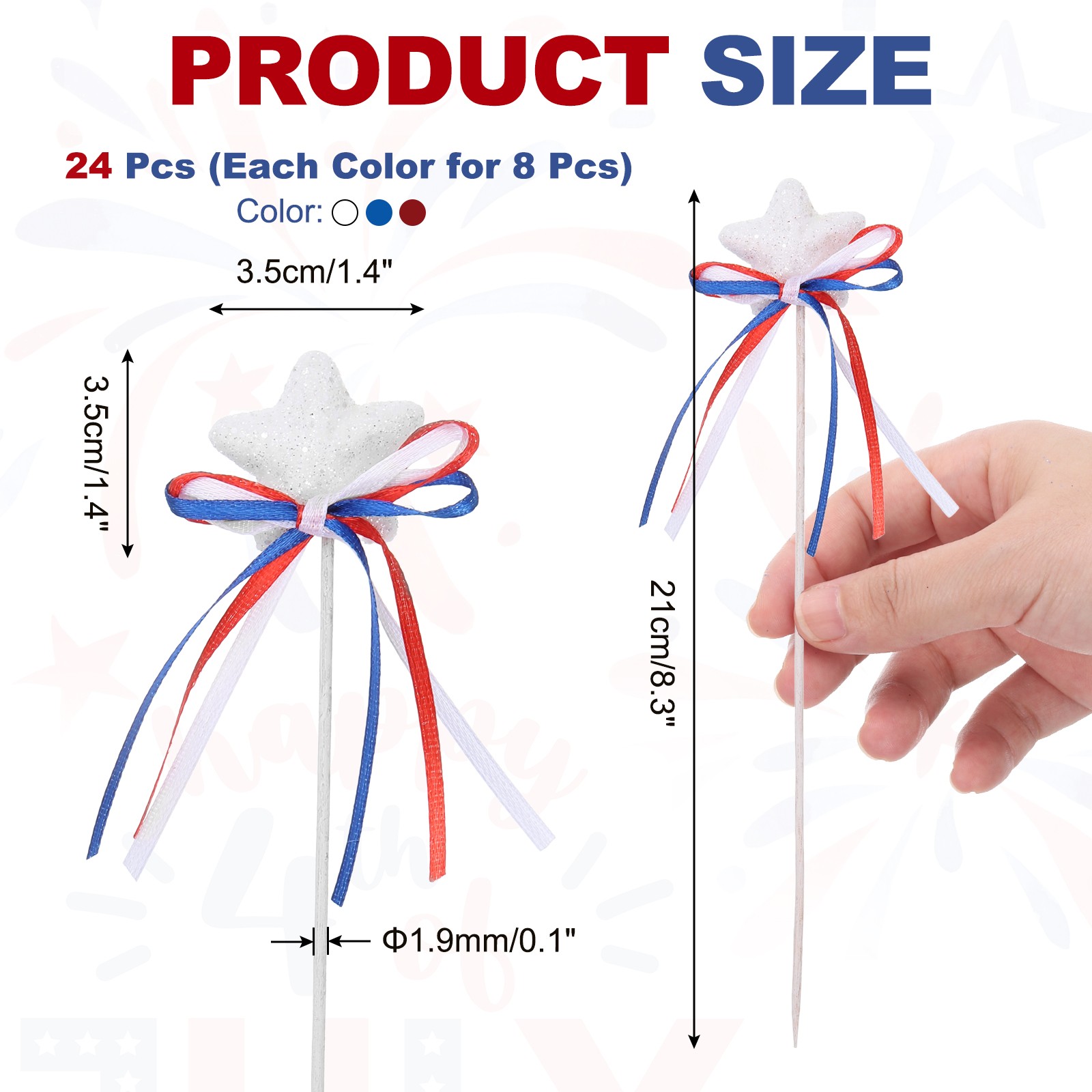 24 Pcs 8″ 4th of July Glitter Star Picks with Bowknot (White/Navy Blue/Red)