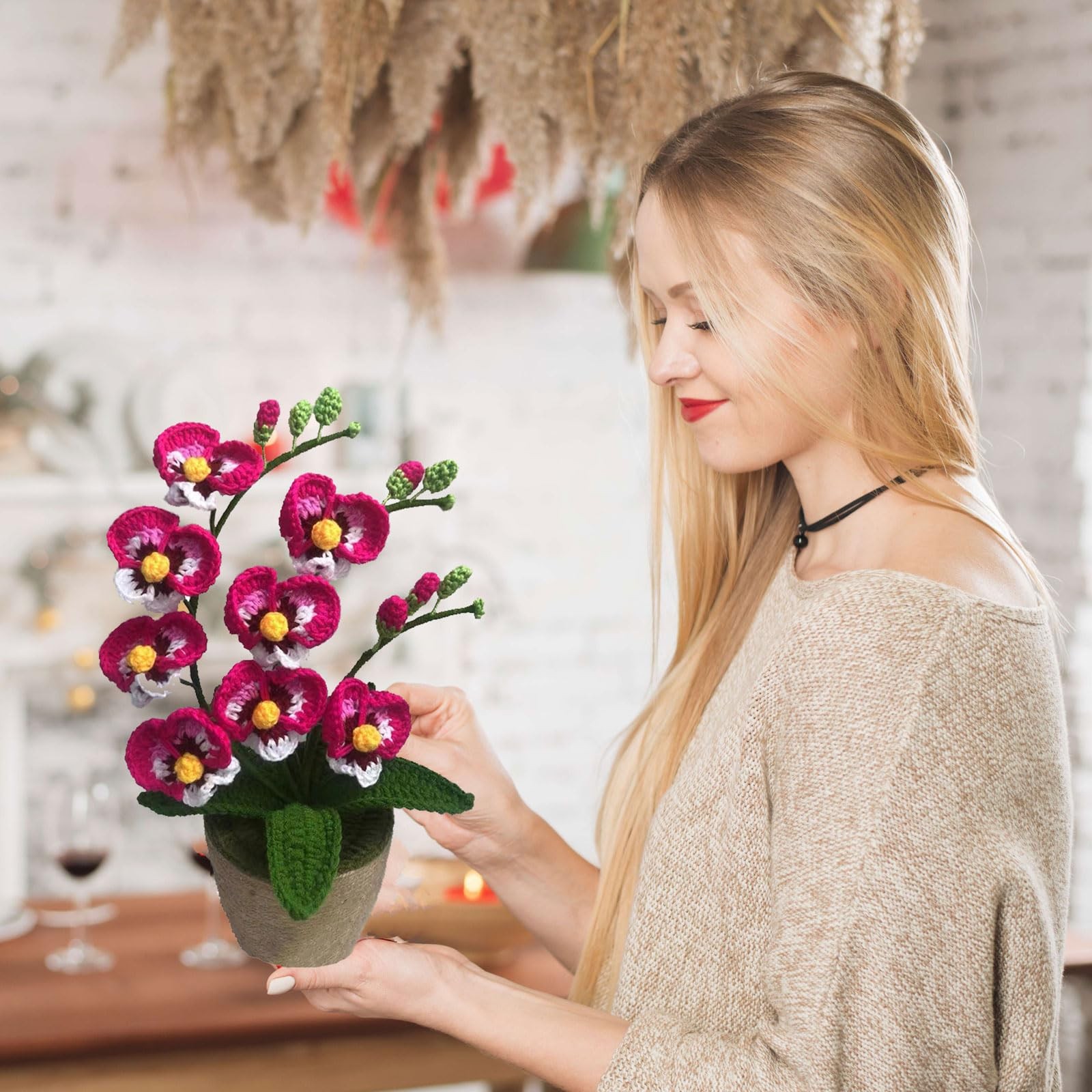 Crochet Moth Orchids Potted Plant, Handmade Knitted Artificial Butterfly Orch…