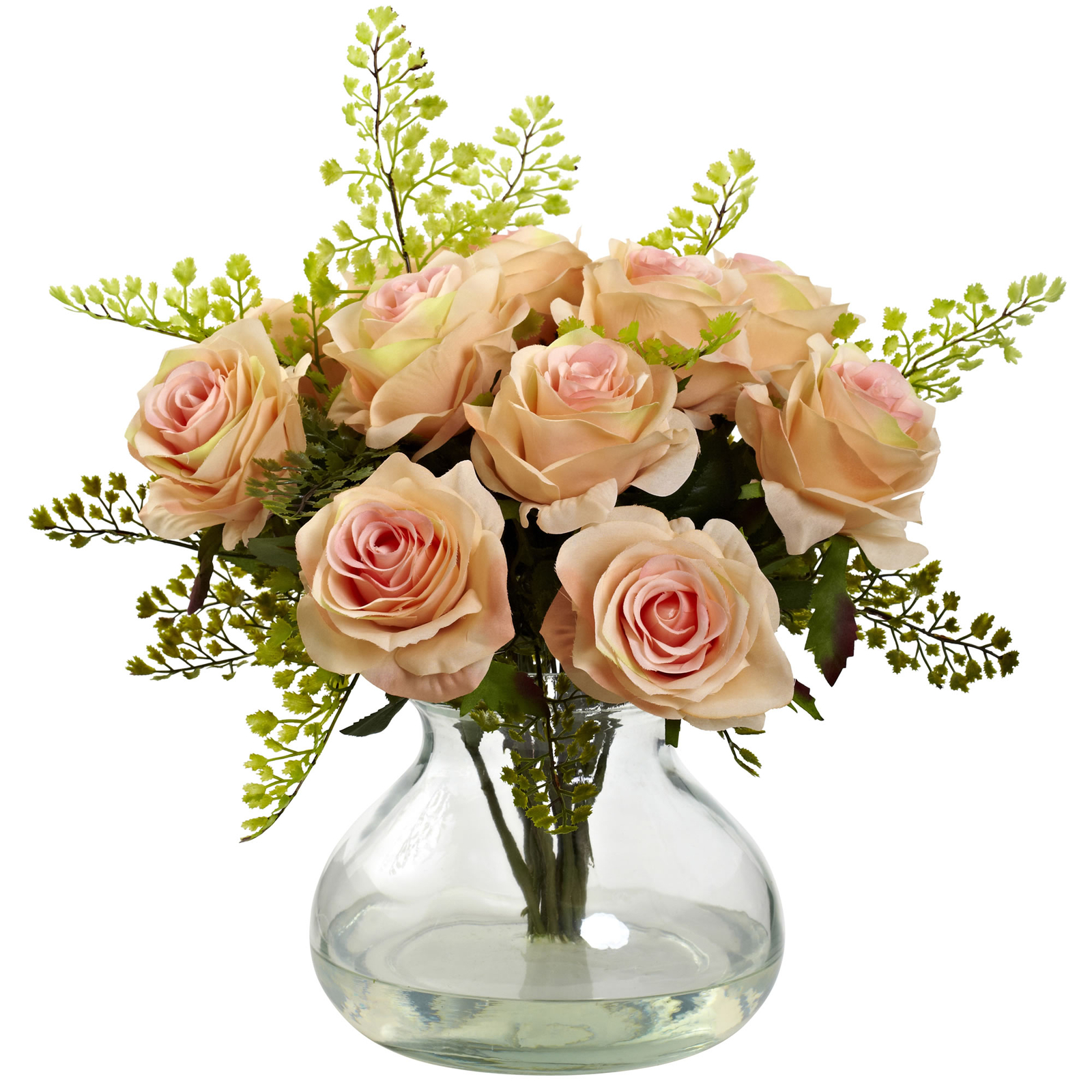 14″ Peach Rose & Maiden Hair Arrangement in Glass Vase Faux Floral Home Decor