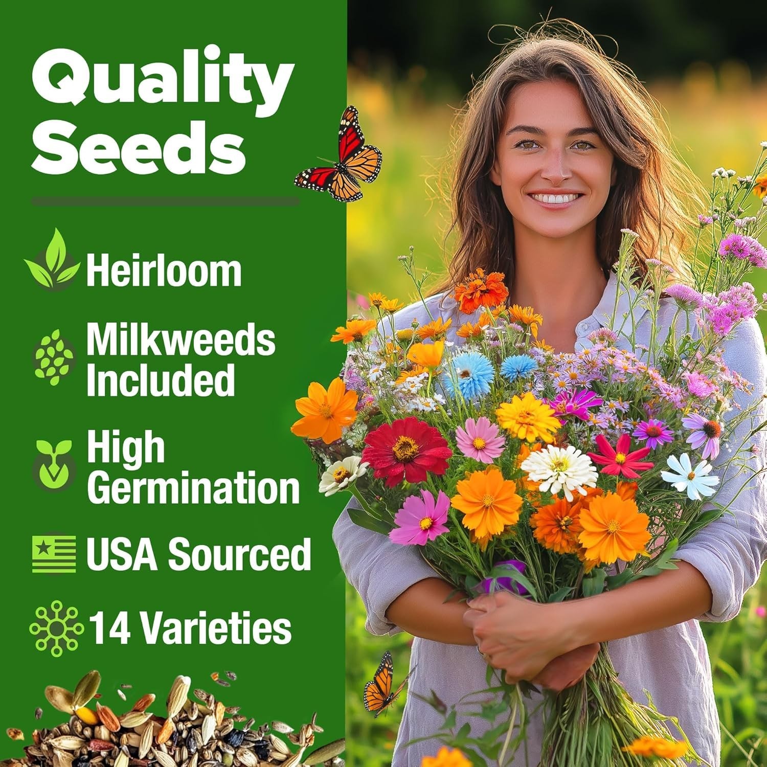 20000+ Wildflower Seeds Mix 2oz – 14 Varieties Non-GMO Milkweed for Monarchs