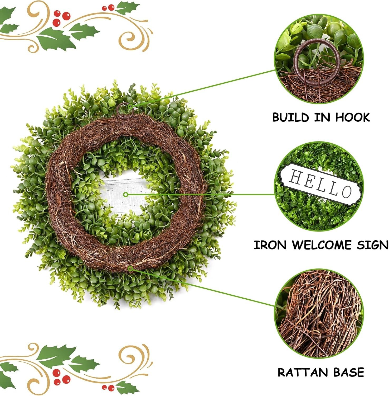 24 inch Boxwood Wreath Green Front Door Decor Handmade Seasonal Decoration
