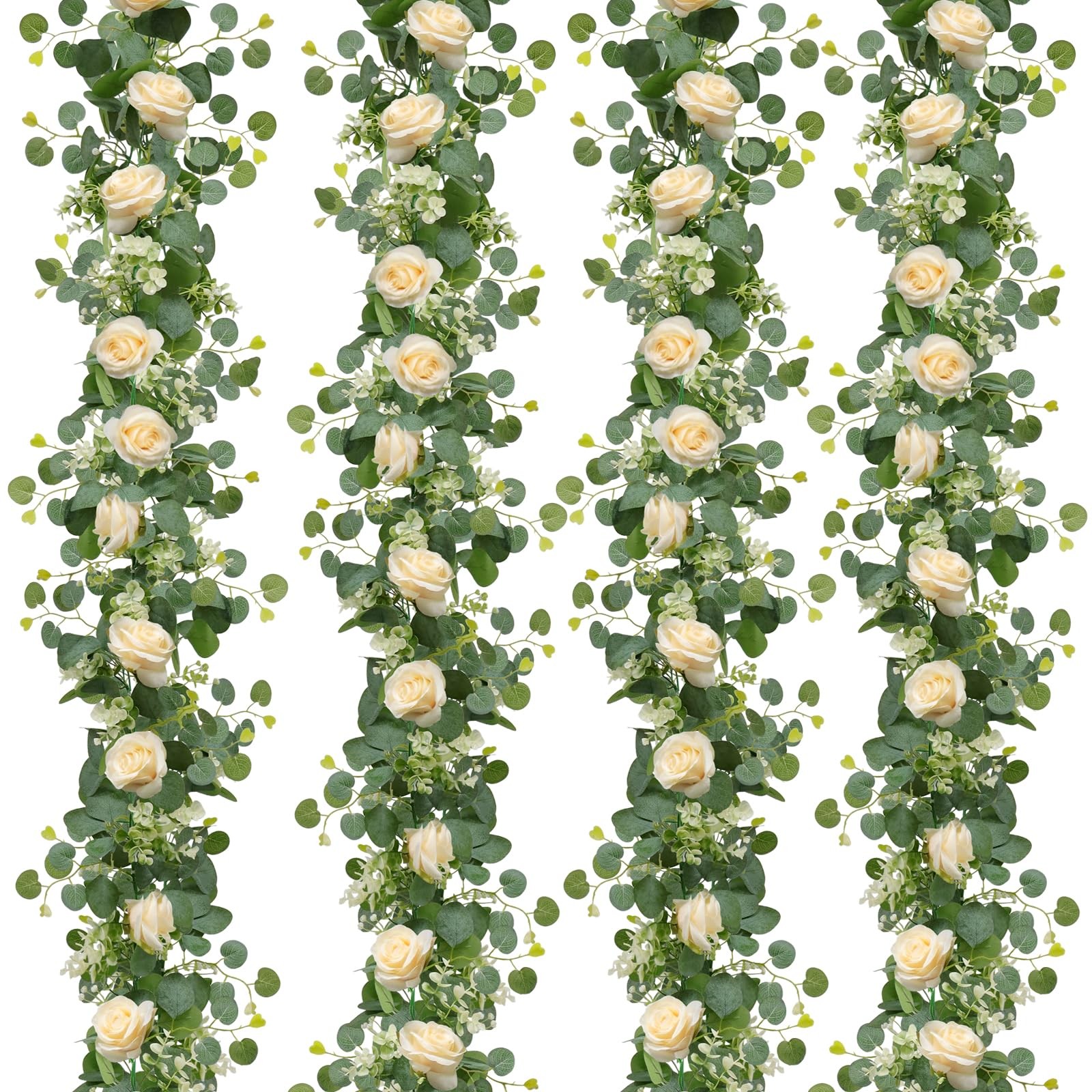 4Pcs(26 Ft) Artificial Eucalyptus Flower Garland with Champagne Rose Flowers,…