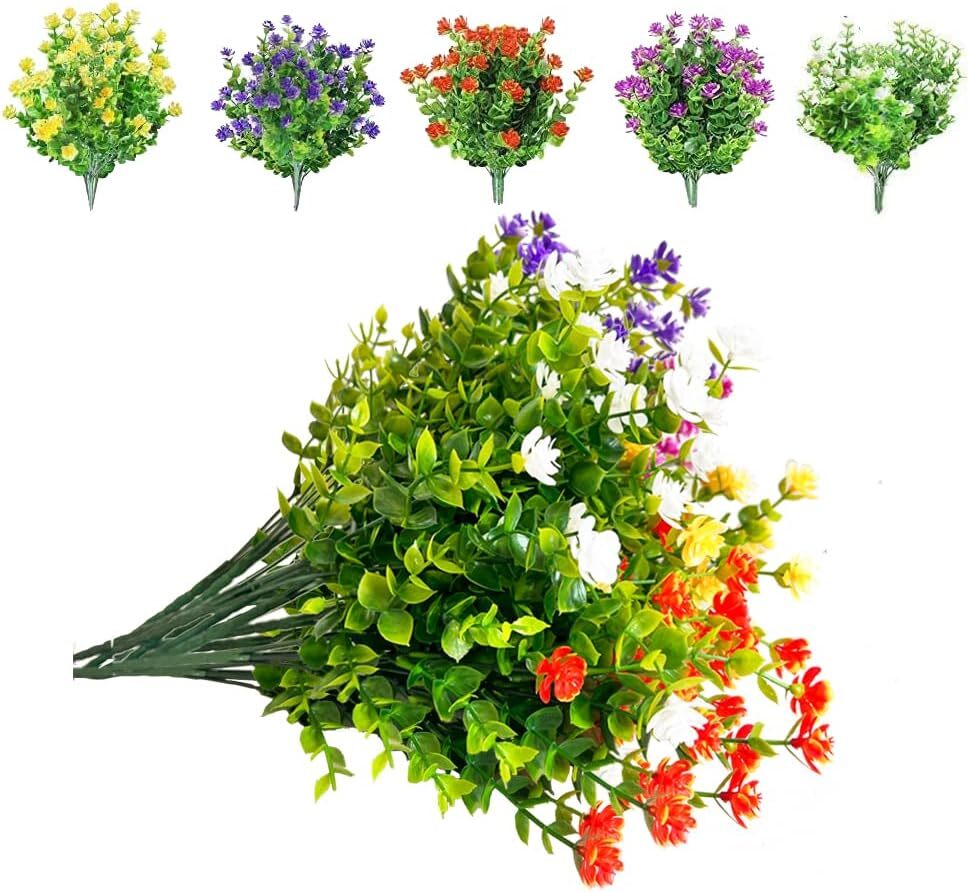 15 Bundles Outdoors Artificial Flowers Faux Plastic Greenery UV Resistant Shr…