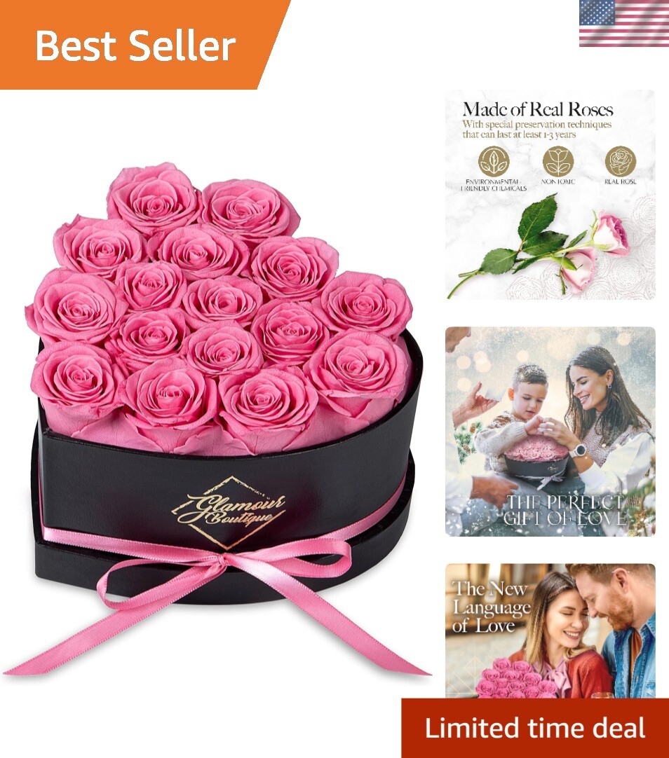 Timeless Heart-Shaped Box with 16 Preserved Pink Roses – Lasting Gift for Her