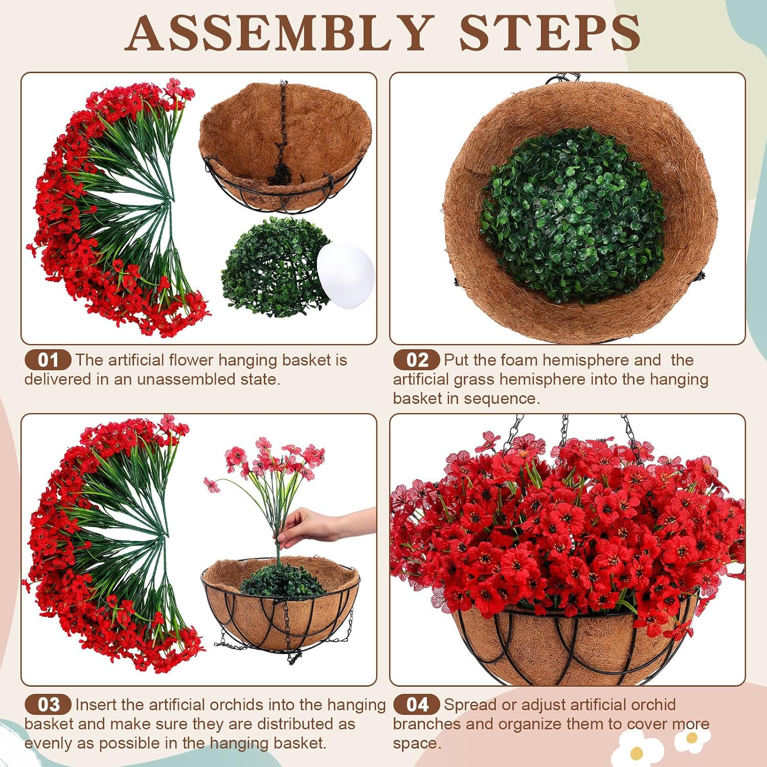 4 Pack Faux Orchid Hanging Flower Baskets for Outdoor Decor – Red