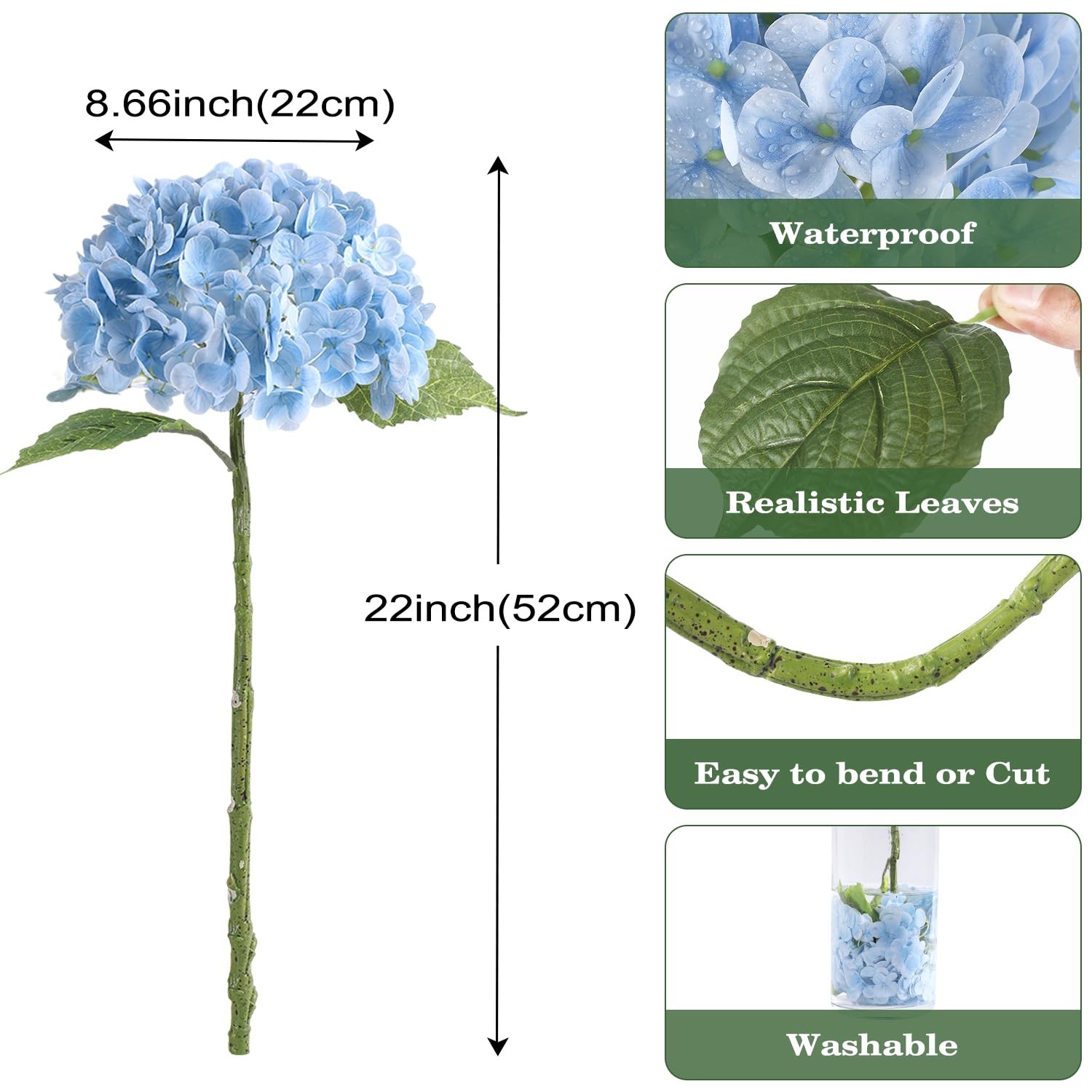 3pcs Baby Blue Lifelike Hydrangea Artificial Flowers 22inch Real Touch Faux H…