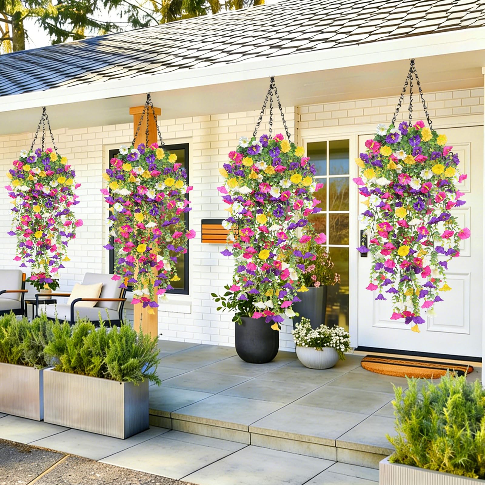 TURNMEON 4PCS Artificial Hanging Flowers 276 Heads Faux Petunias Eucalyptus