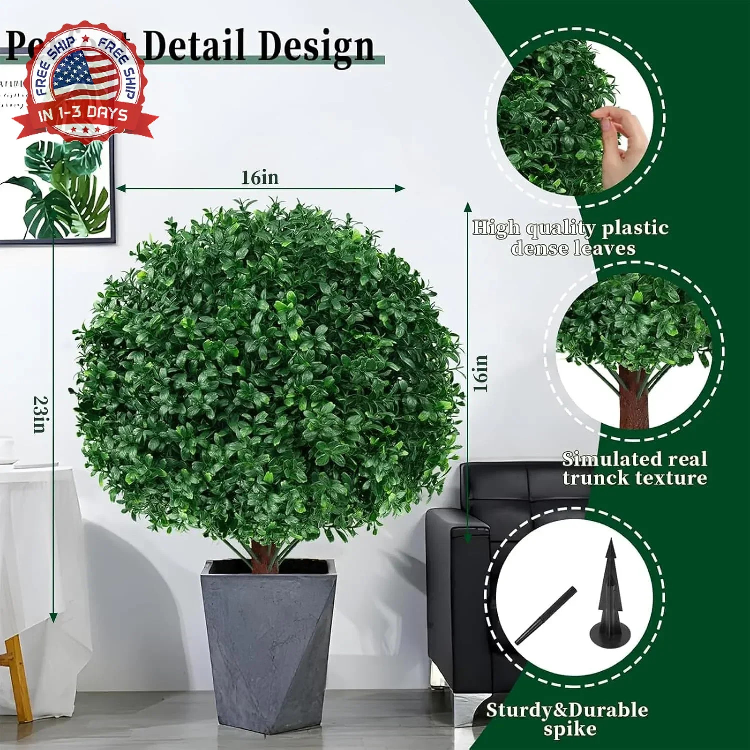 2Pack Artificial Boxwood Topiary Ball Trees, 16” UV Resistant Fake Evergreen Sh