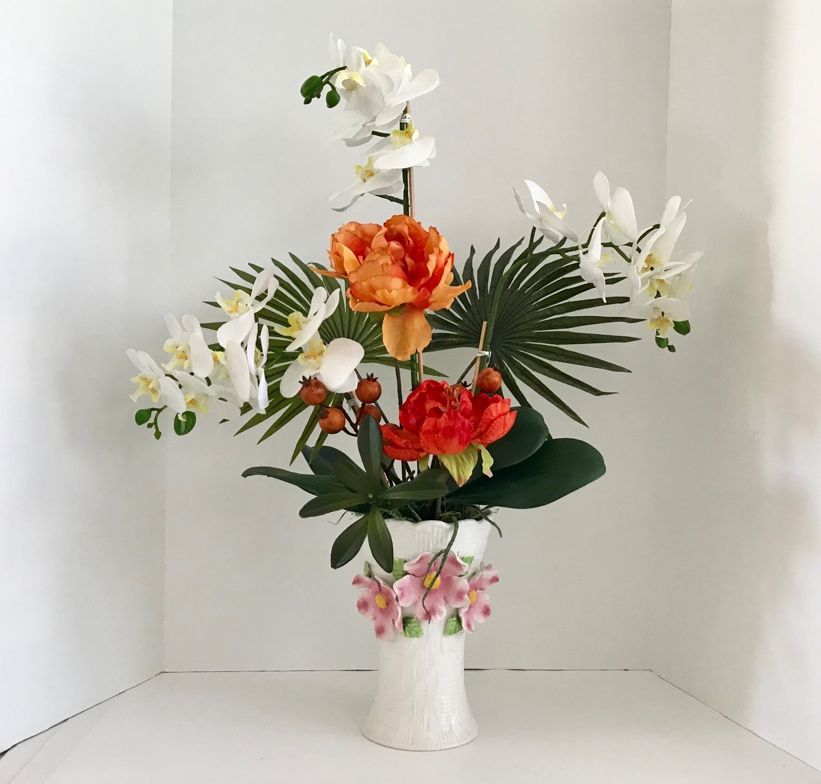 Decorative White Silk Orchids and Orange Roses with Palm Branchs Green Foliage