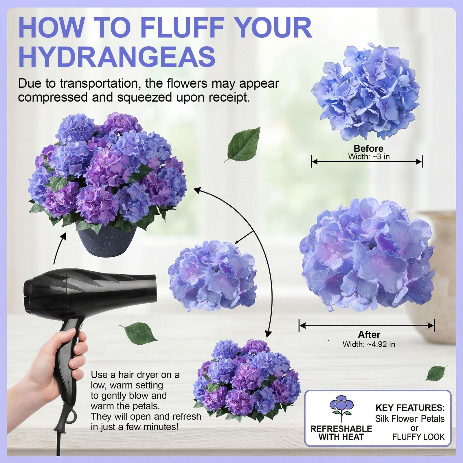 Artificial Flowers for Outdoors, 4 PCS Purple Blue Fake Silk Hydrangea Flower…
