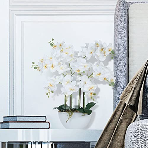 Realistic White Faux Orchid Flowers in Ceramic Pot – Table Centerpiece Decor