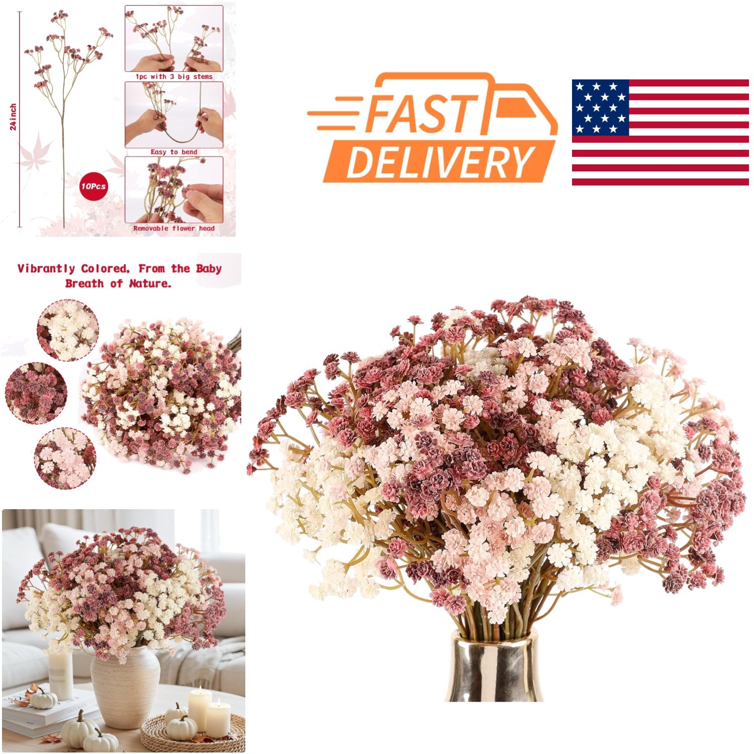Durable Faux Baby Breath 10 Pcs Mixed Color Flowers for Indoor Outdoor Use