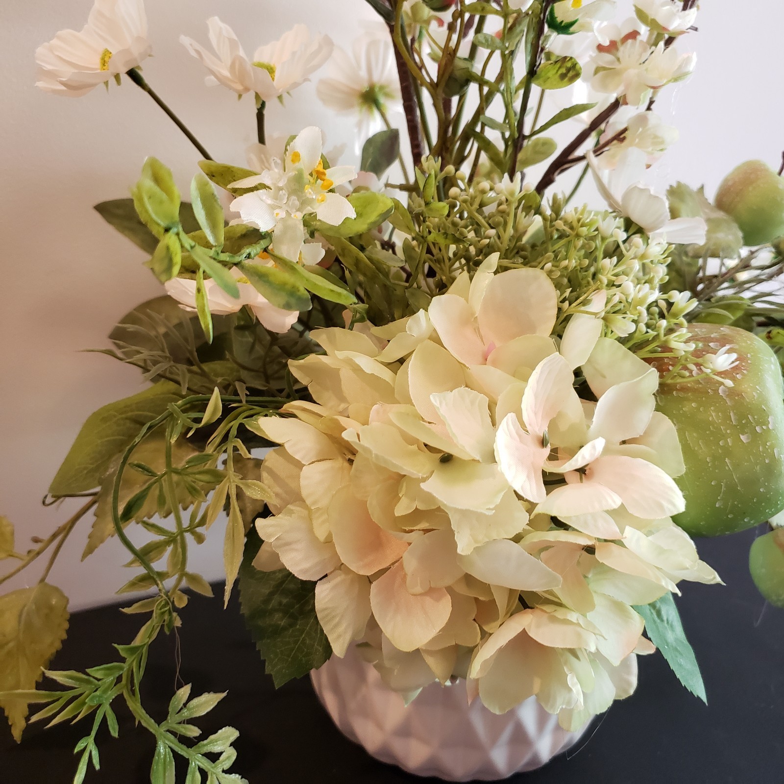 Neutral Apple Blossom Centerpiece, Farmhouse Hydrangea Arrangement, Green Apple