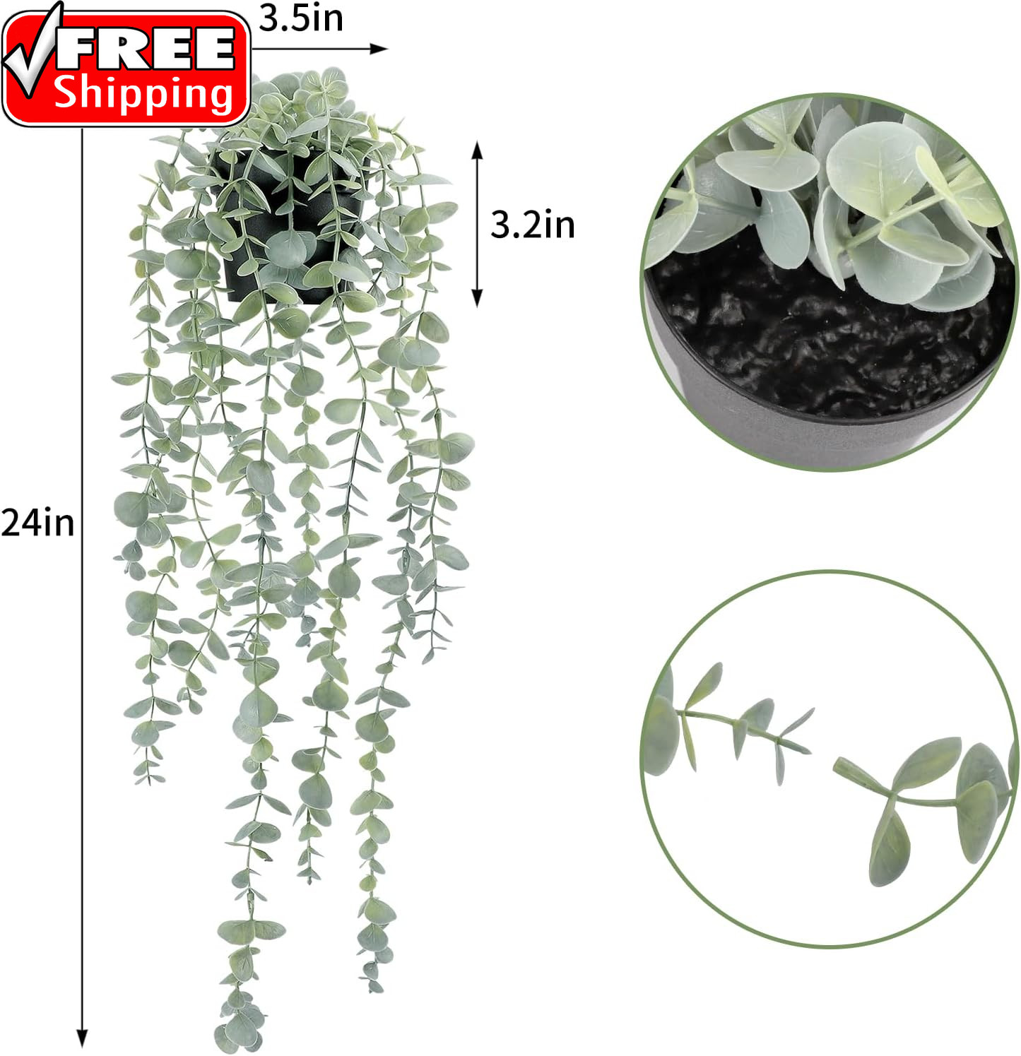 2 Pcs Artificial Eucalyptus Plants Shelf Hanging Fake Plant in Pot for Wall Bedr
