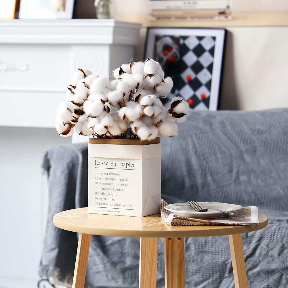 30PCS Natural Dried Cotton Stems 15″ Tall, Rustic Cotton Sprigs for Vase Fillers
