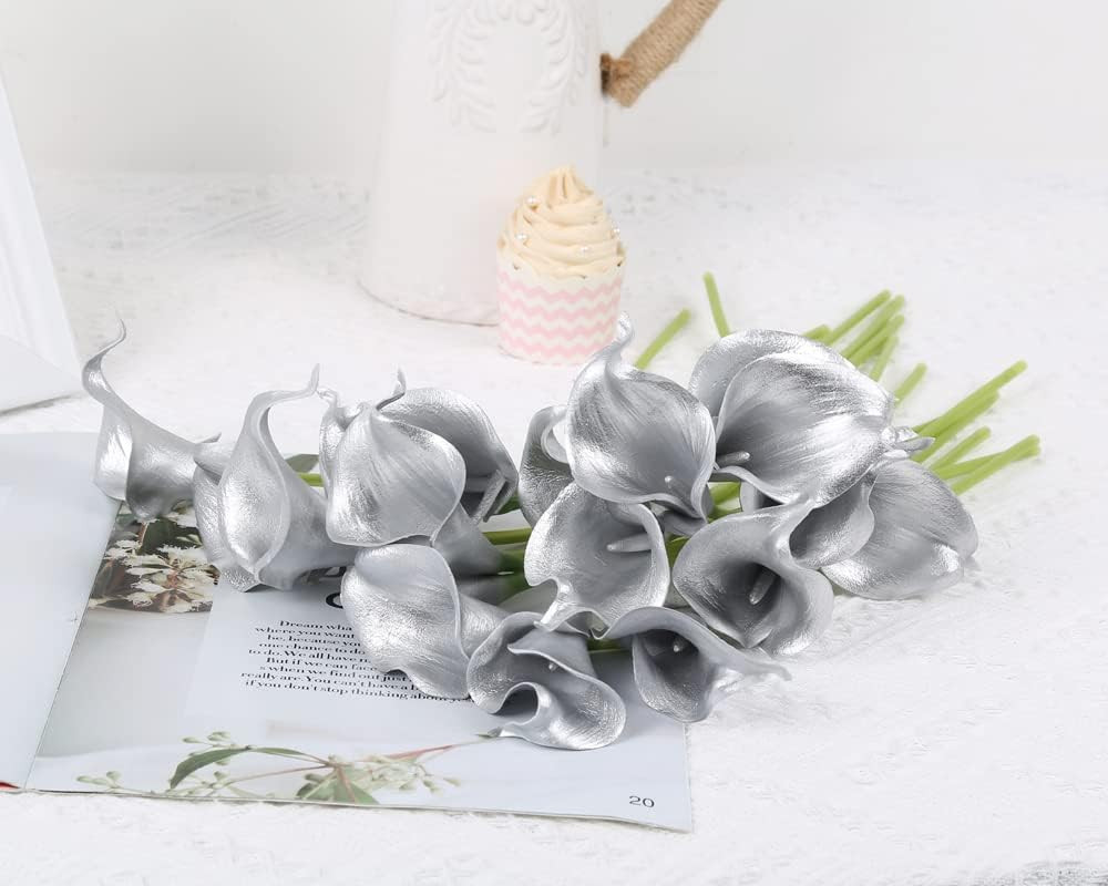 Silver Calla Lily Artificial Flowers, 24pcs for DIY Wedding Bouquets, Centerpiec