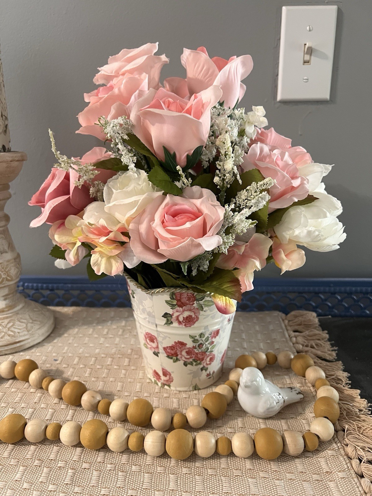 Cottagecore Pink Rose Wreath & Floral Arrangement Set, Girls Room Decor