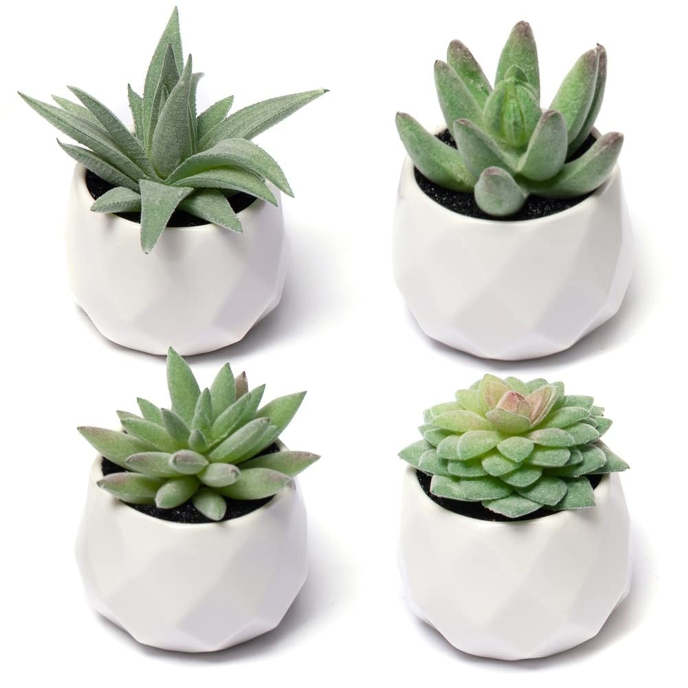 4 Pack Fake Succulent Plant Set, Mini Artificial Ceramic Pots, Green Desk Decor