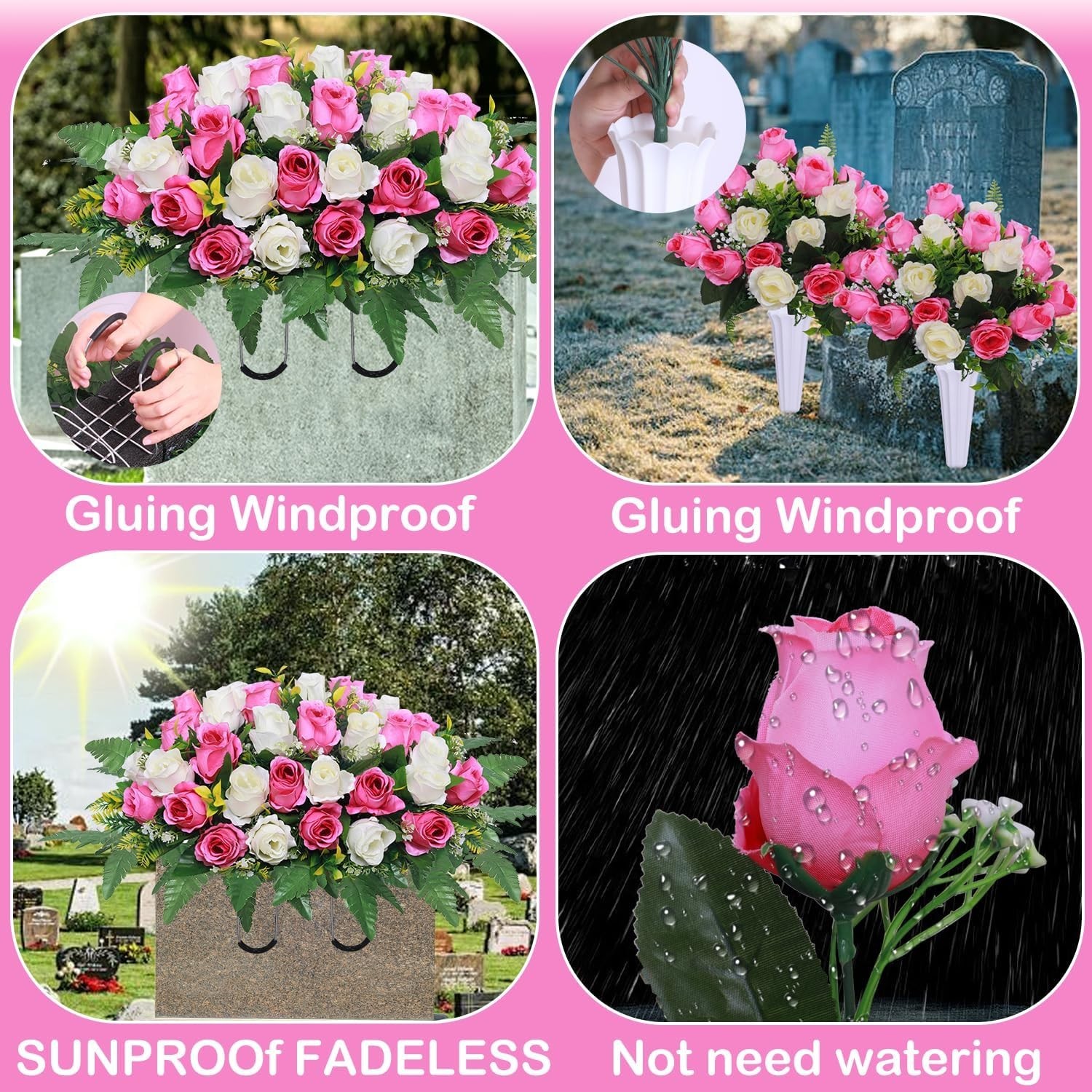 3 Pcs Artificial Cemetery Flower Saddles, Rose Headstone Flower Saddle,Cemete…