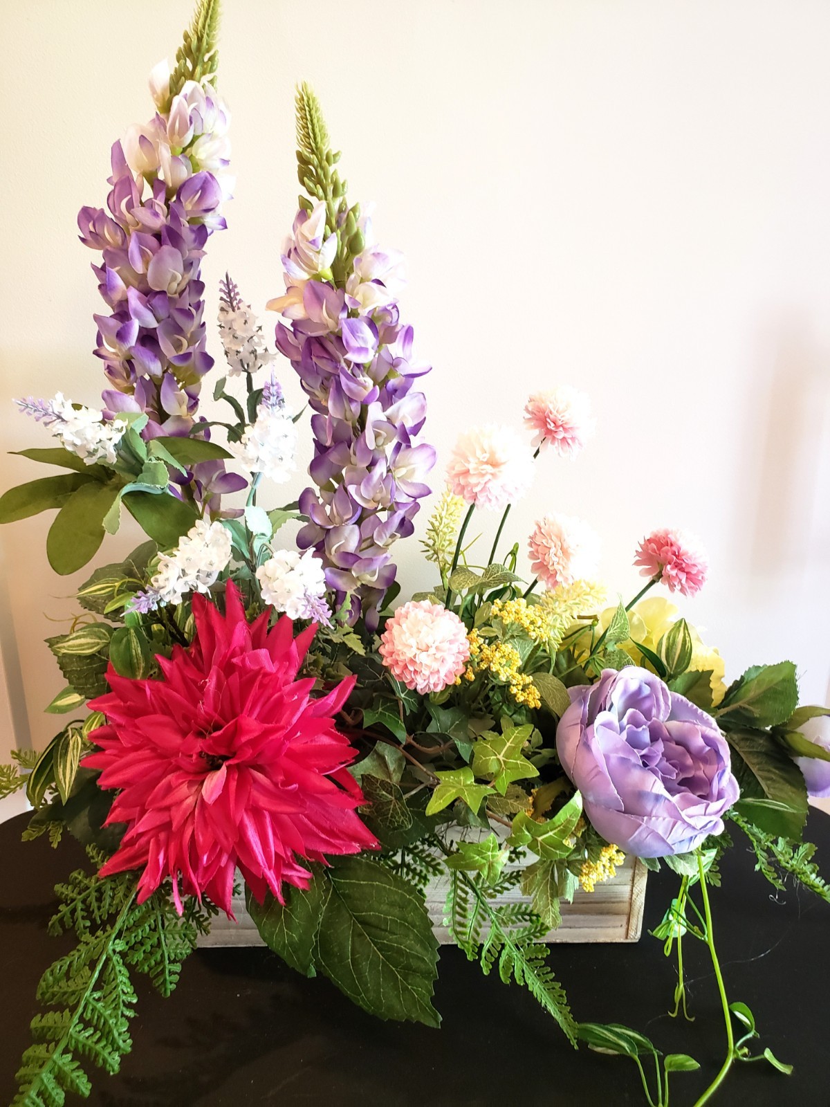 Silk Floral Arrangement: Spring Garden Cottage Style in Unfinished Wood