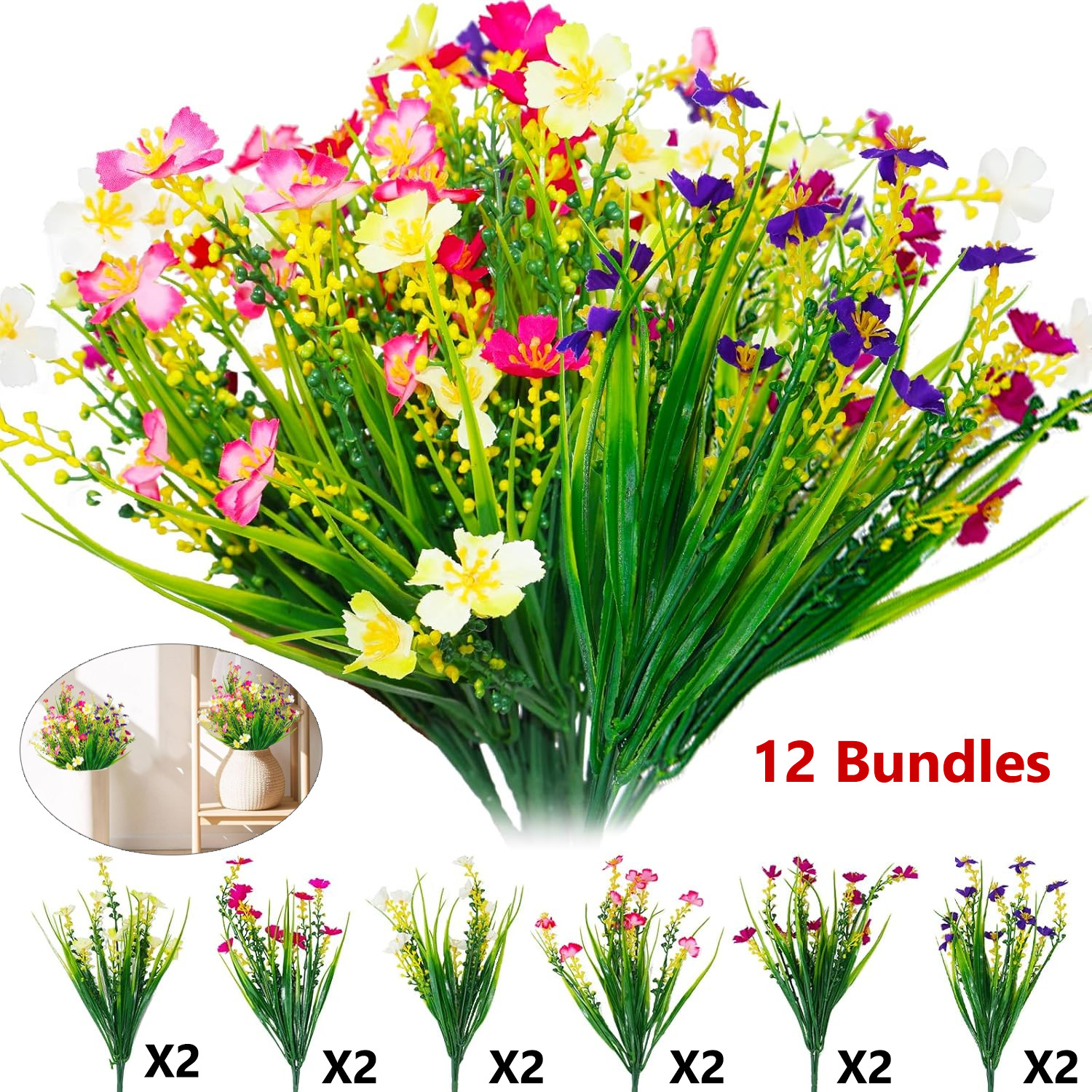 12 Bundles Artificial Plastic Flowers Outdoor UV Resistant Faux Wildflower Daisy