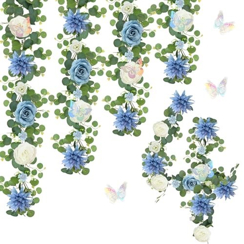Eucalyptus Flower Garland 4-Pack – 5.9FT Faux Rose Greenery with Butterflies for