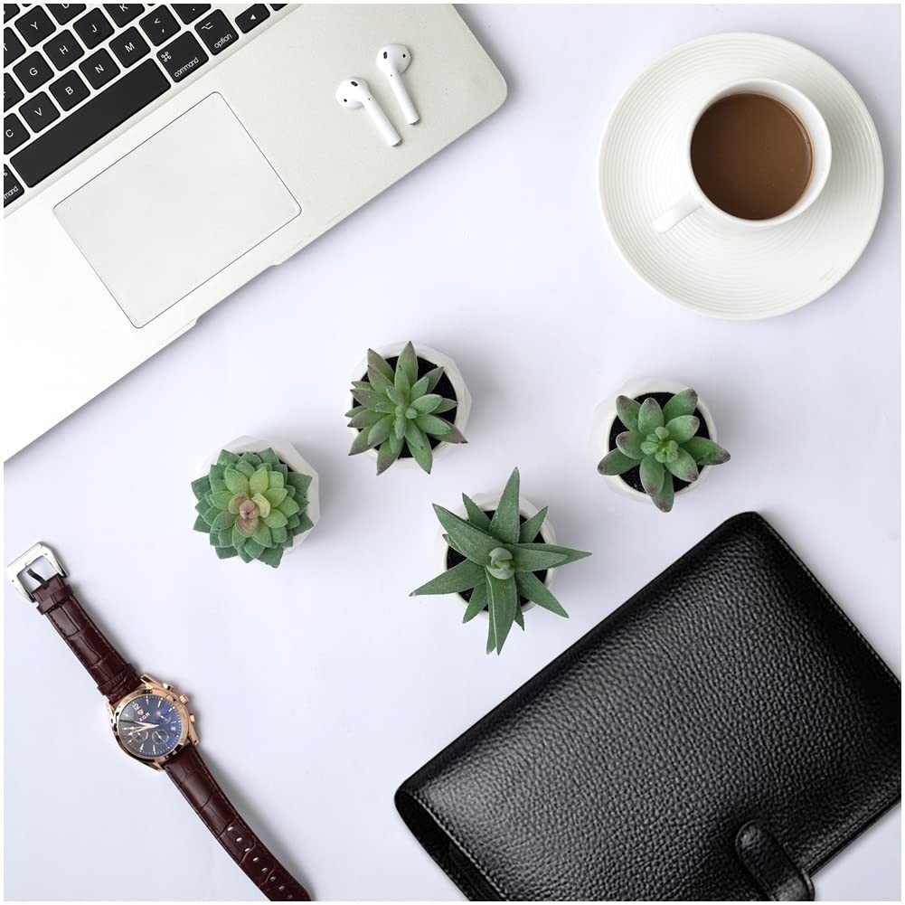 4 Pack Fake Succulent Plant Set, Mini Artificial Ceramic Pots, Green Desk Decor