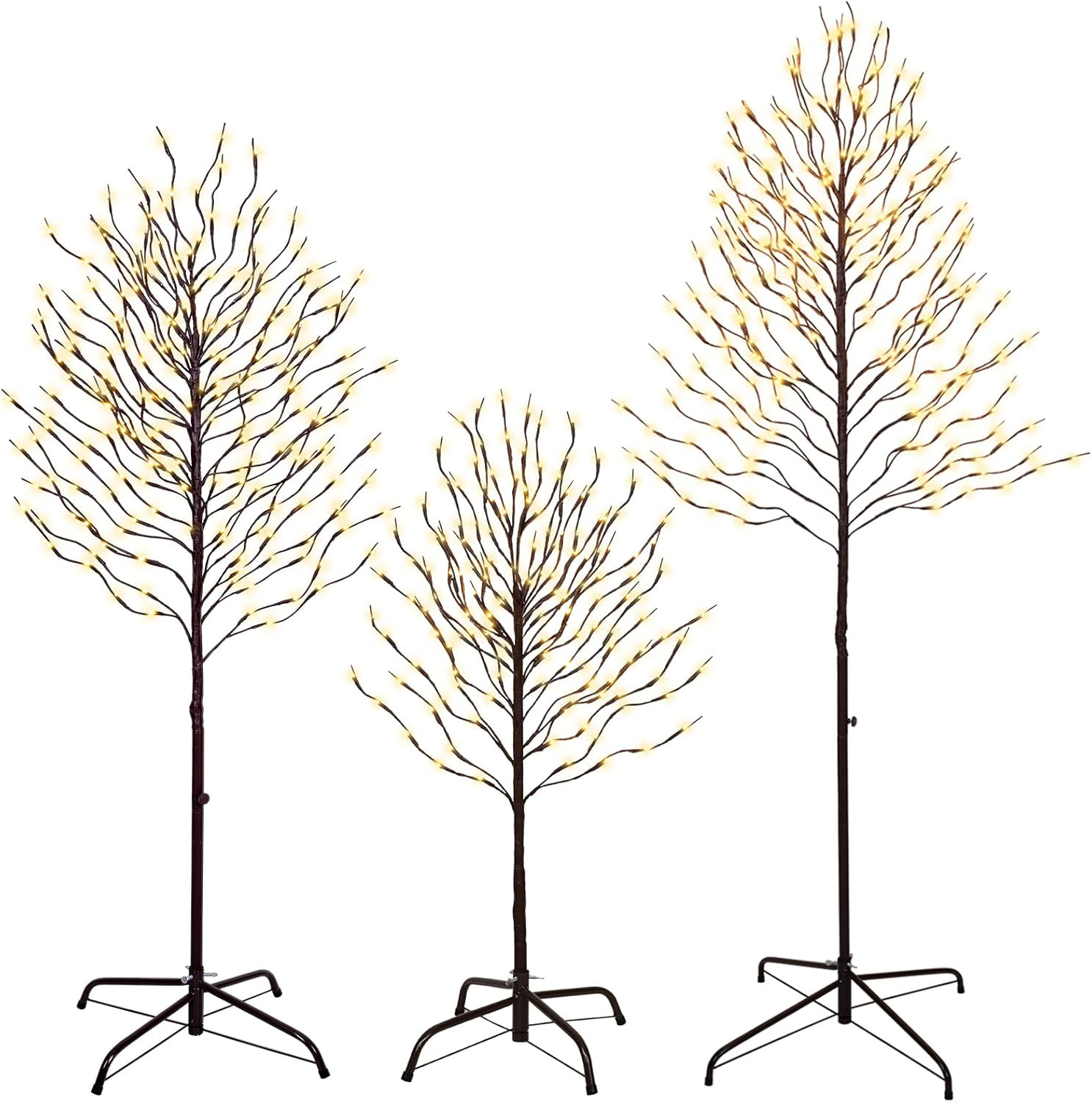 Twinkling Twig Trees Set – 3Ft, 5Ft, 6Ft with Warm White Lights for Decor