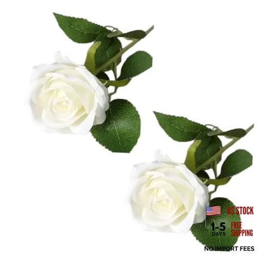 2Pcs White Artificial Silk Roses Long Single Stem Artificial Roses for Home