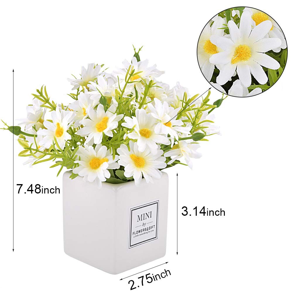 Artificial Flowers, Faux Flowers in Vase Small White Daisy Decor Mini Silky A…