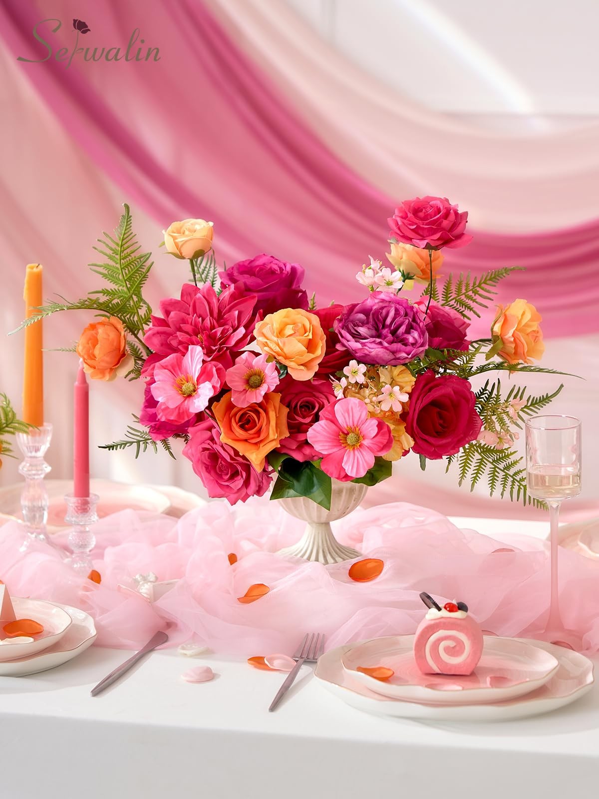 Serwalin Artificial Hot Pink & Orange Flowers, Magenta Silk Fake Flowers, Aut…