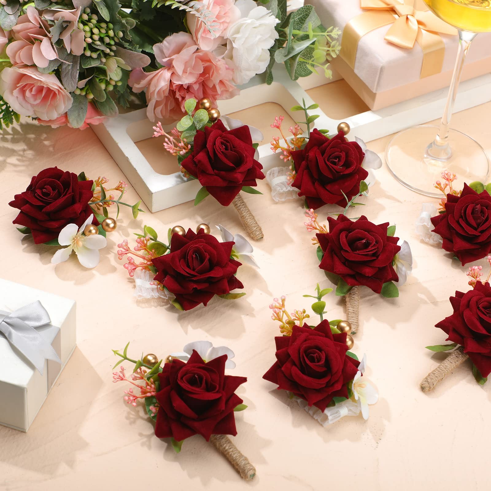 12 Pcs Red Rose Burgundy Boutonniere, Fall Wedding, Corsage Set, Pin, Groom