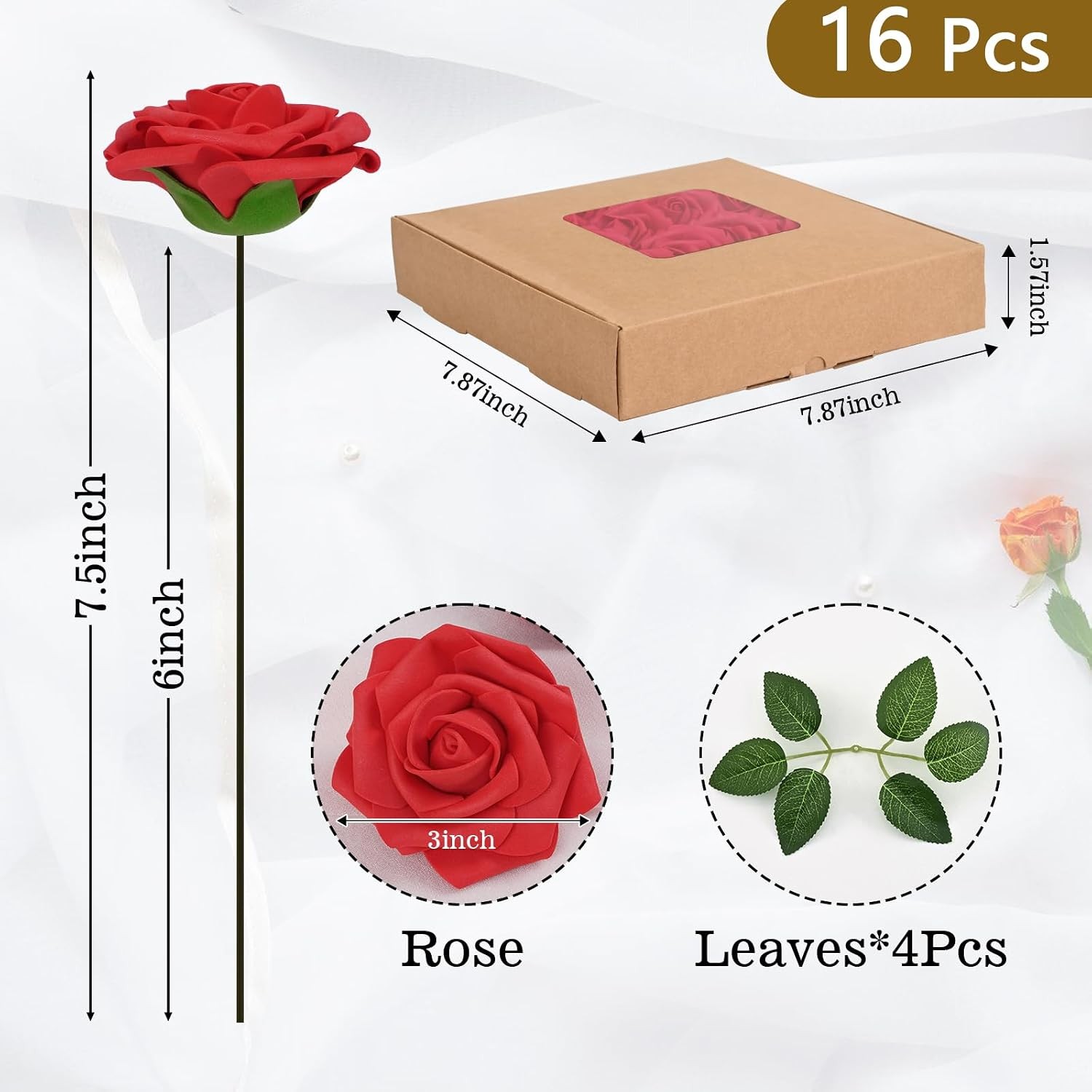 16Pcs Artificial Flowers Fake Roses with Stems, Red Boxed Foam Roses for DIY