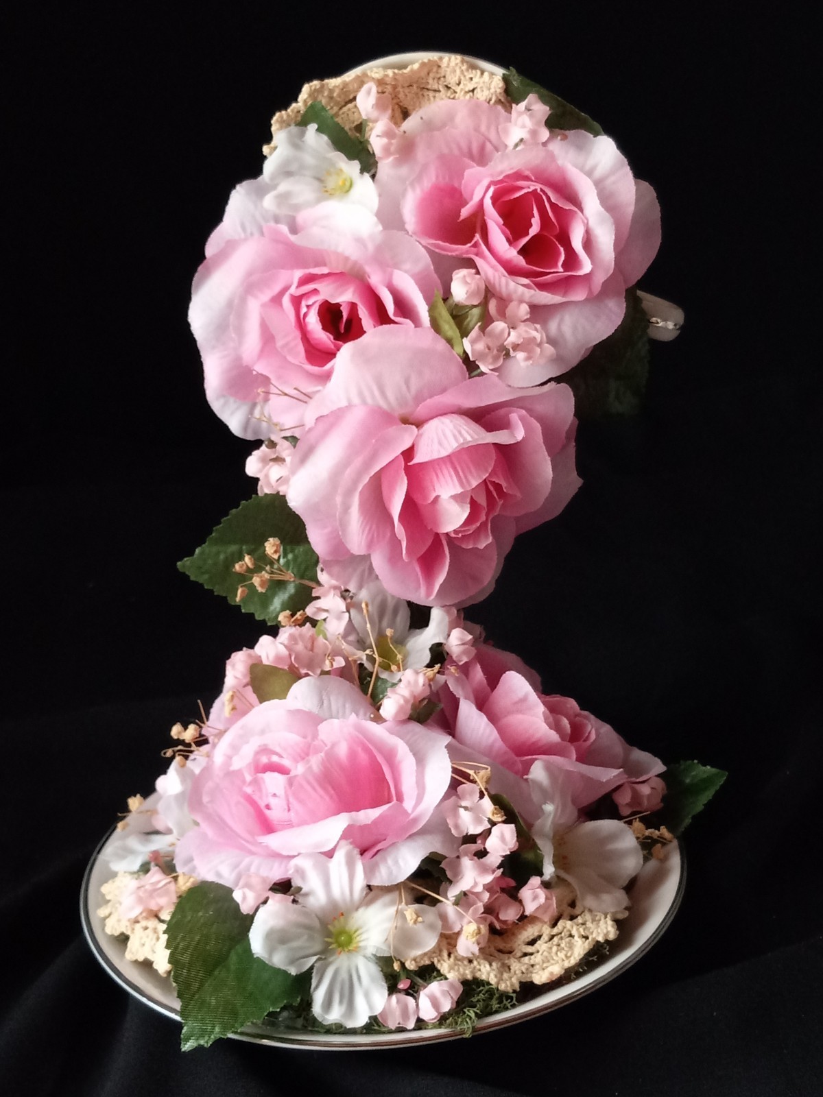 New Floral China Floating Teacup W Pink Floral Arrangement 8″ Tall #B FL#2