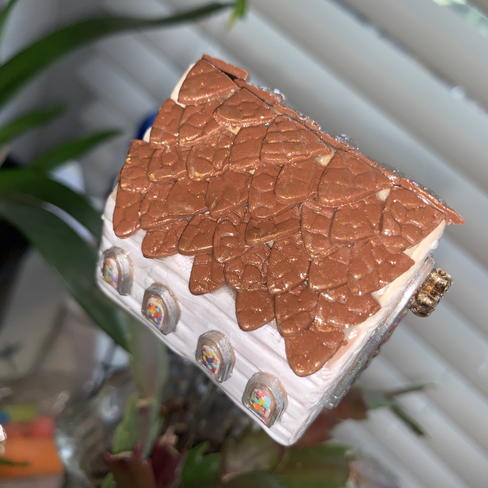 Handmade One Of A Kind Polymer Clay Church With Stained Glass Window Plant Stick