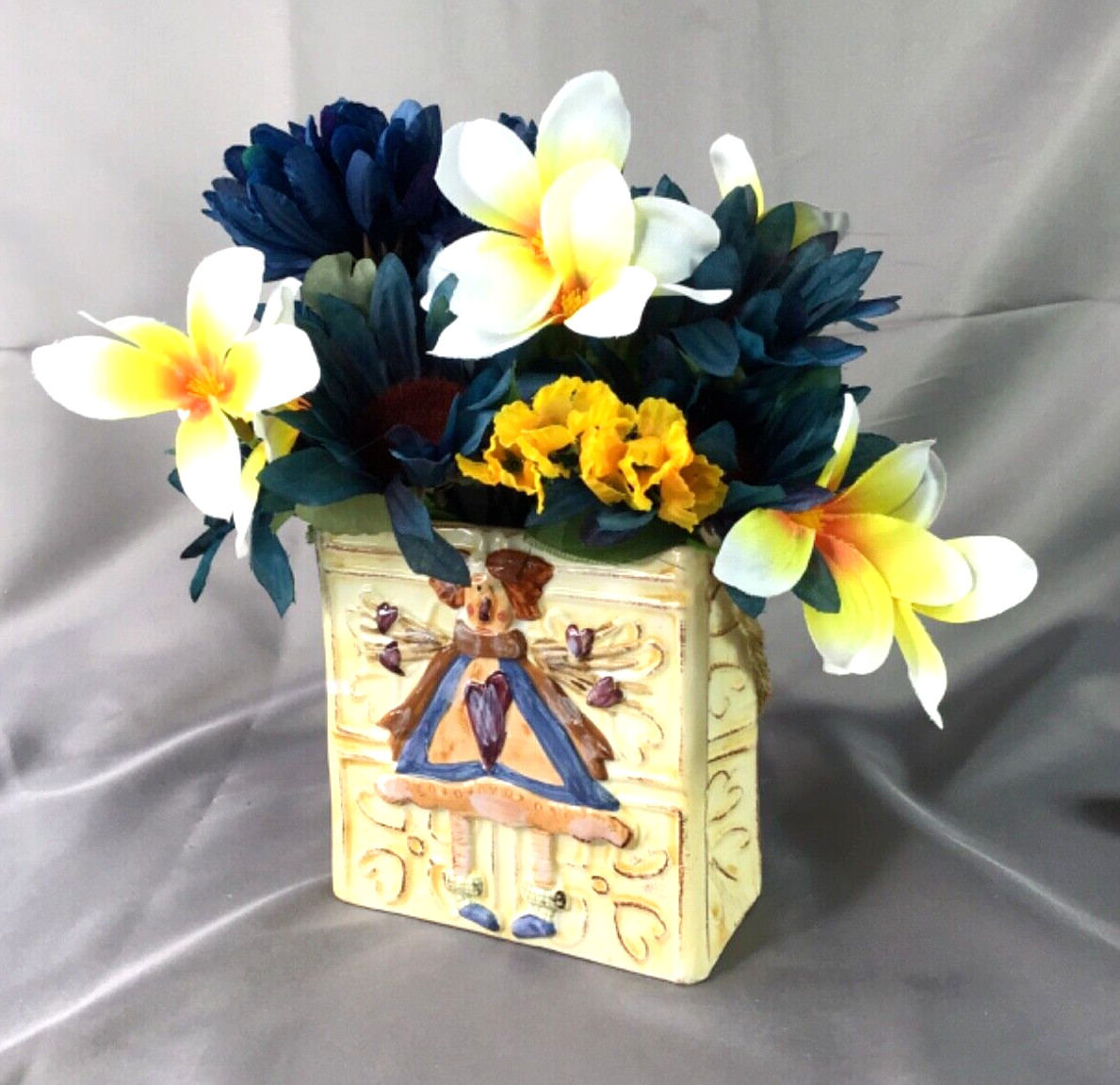 Square 5” Angel Planter Vase Gorgeous Blue White Yellow Floral Arrangement