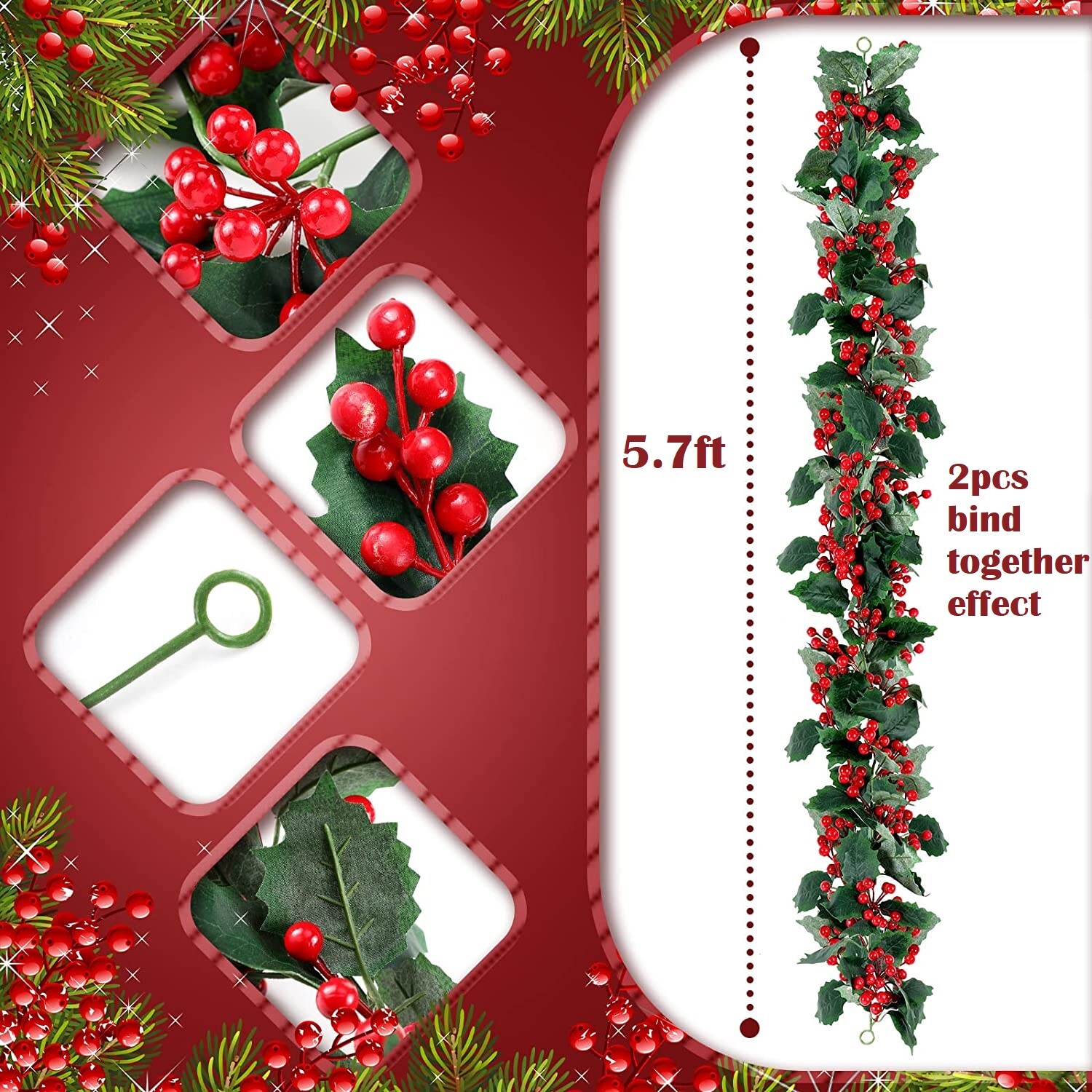 6 Ft Christmas Red Berry Green Garland Vine Winter Holly Leaves Xmas Decor USA