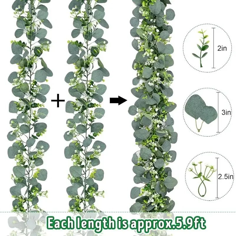 2025 Popular Artificial Green Eucalyptus Garland with White Flowers & Berries