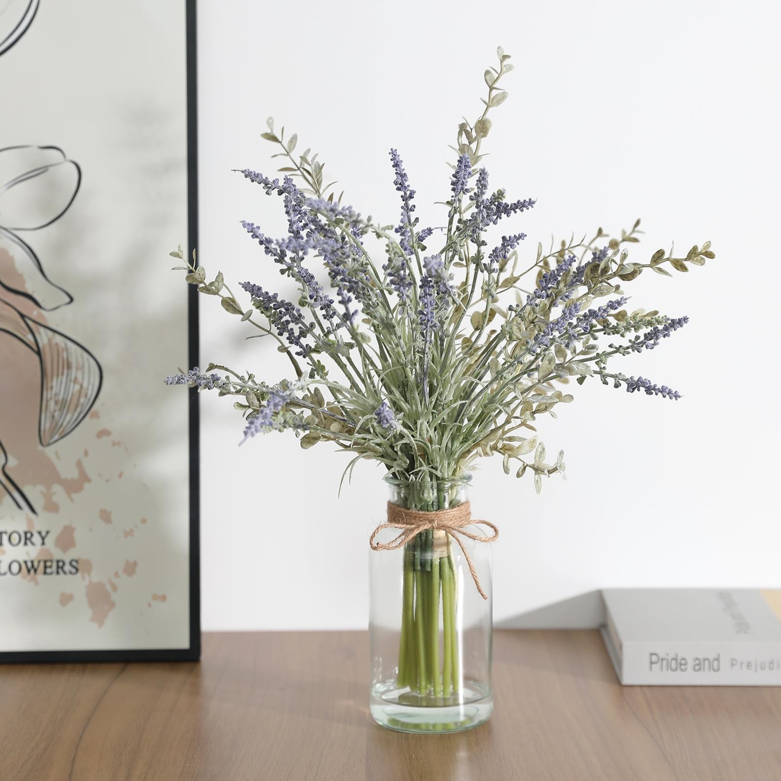 Artificial Lavender Stems in Glass Vase with Faux Water,15″ Artificial Plants…