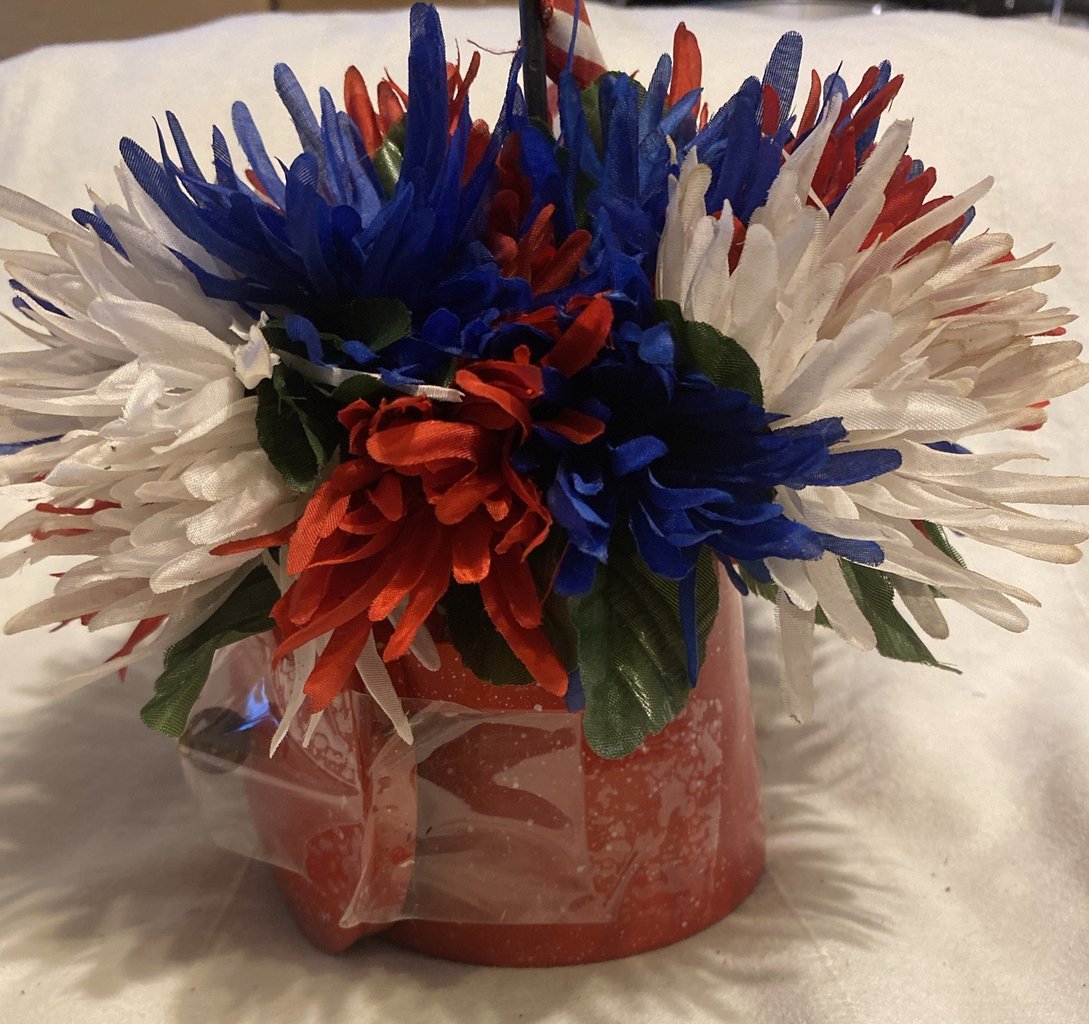 Patriotic Flowers Bouquet -America Red White & Blue & Flag In Enamel Pot