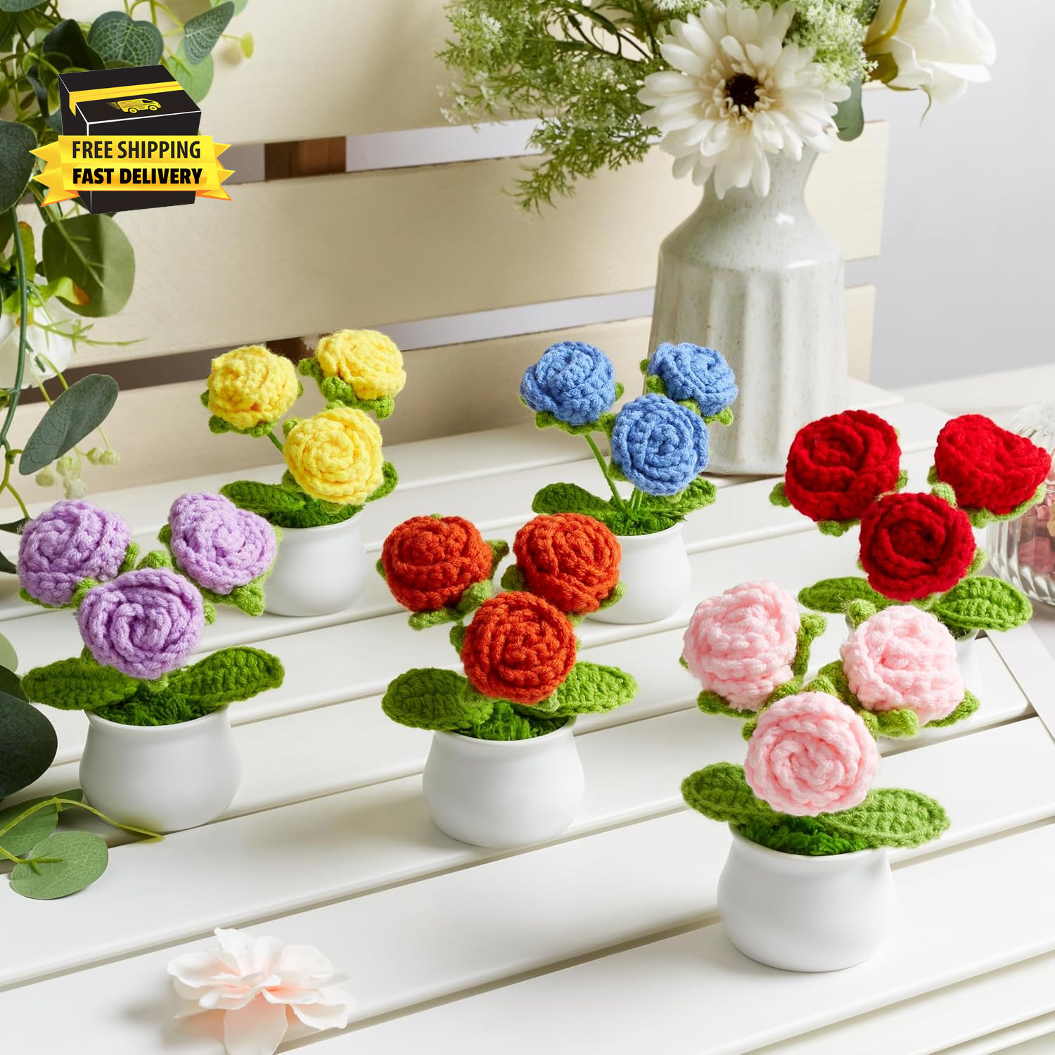 Crochet Flowers Red Roses Mini Potted, Handmade Red Rose Anniversary Appreciatio