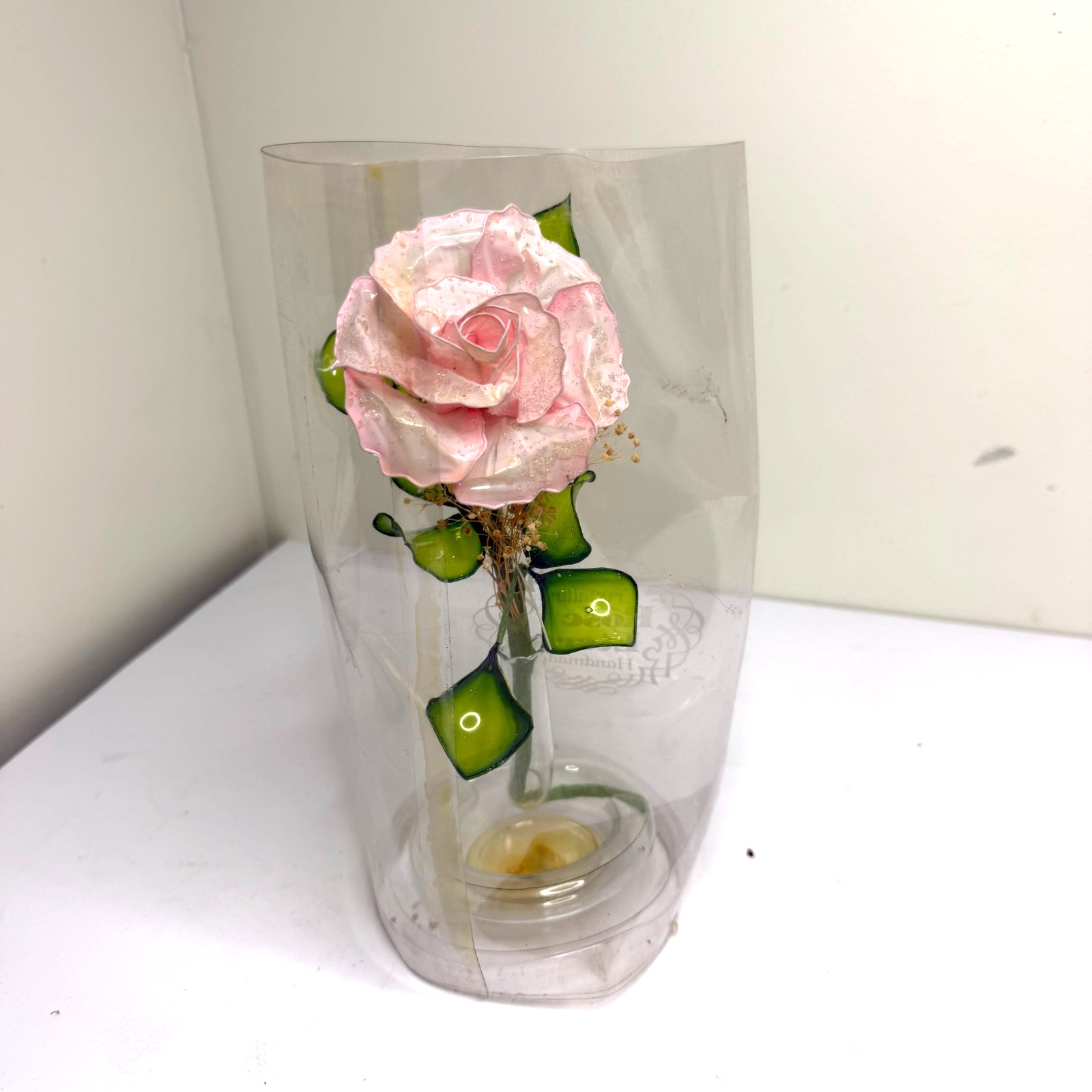 Vintage Crystalline Rose Eterna Handmade Glass Dome Taiwan Floral Display Decor